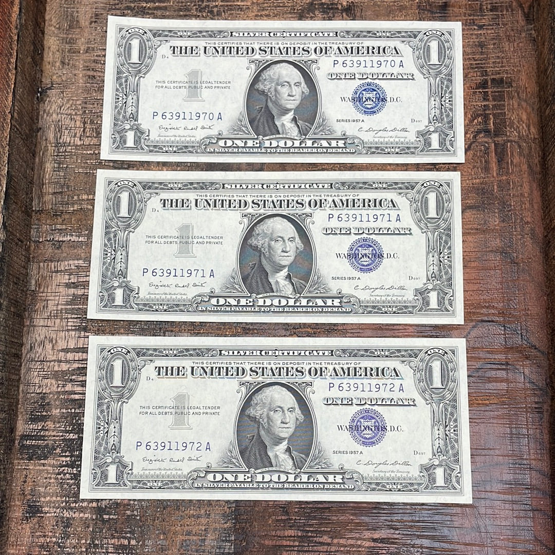 1957 Series A $1 Silver Certificate - Set of 3 Consecutive Serial Numbers - Uncirculated