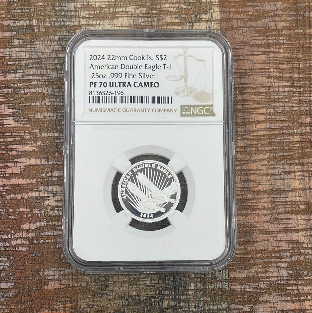 2024 22mm Cook Island $2 American Double Eagle T-1~ .25 oz .999 Fine Silver ~ NGC PF70 Ultra Cameo