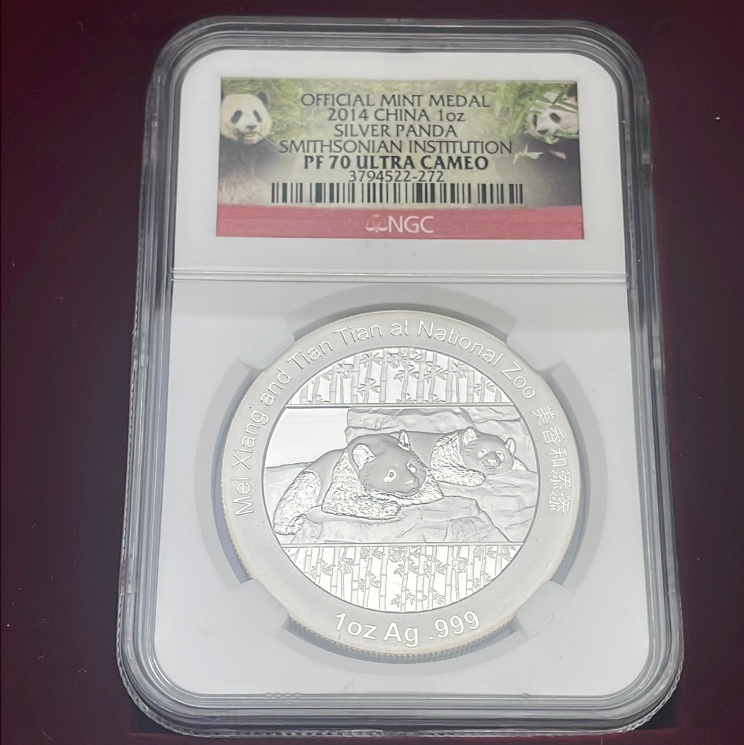 2014 China 1 oz Silver Panda Smithsonian Institution NGC PF70 Ultra Cameo Official Mint Medal