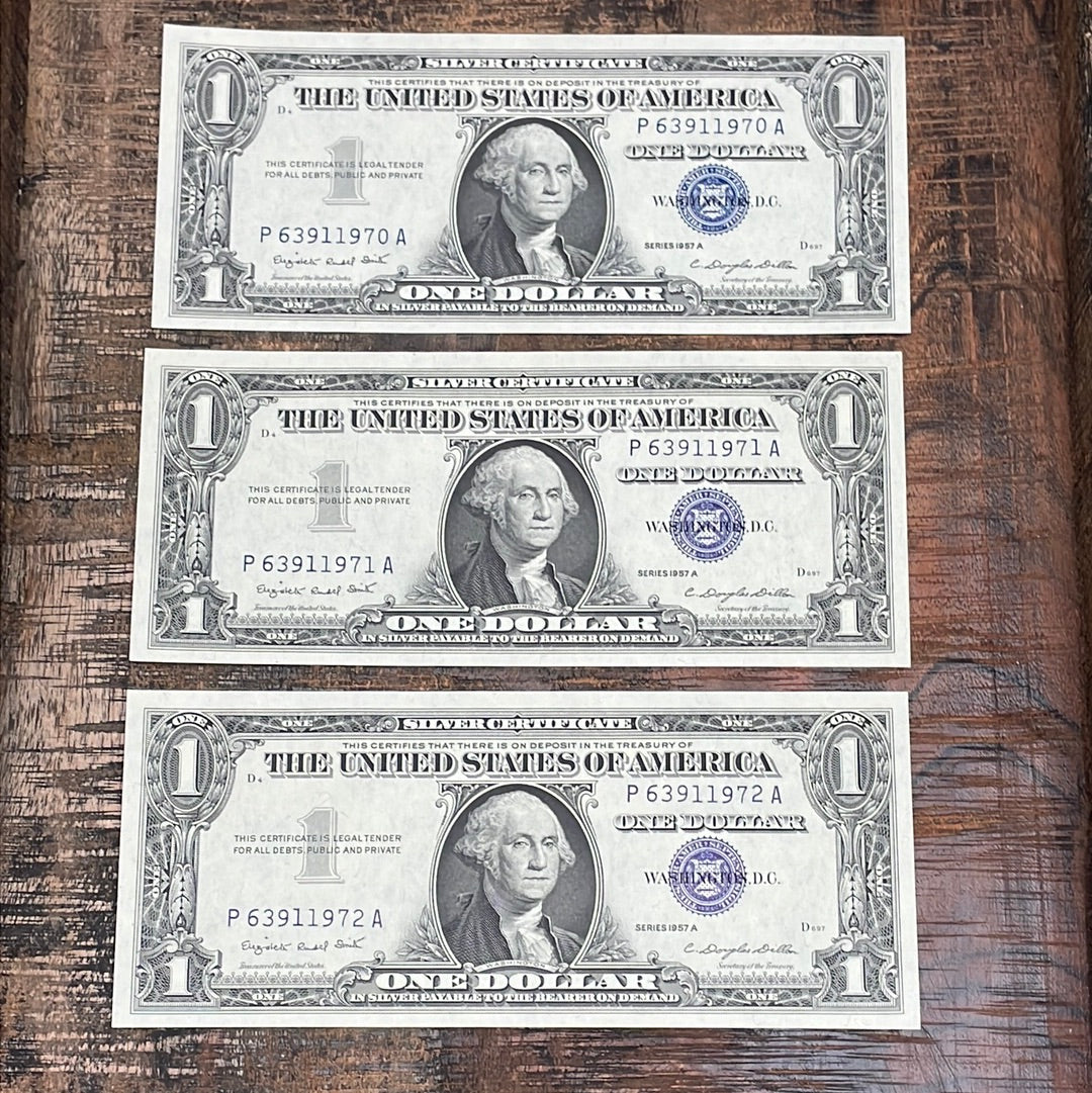 1957 Series A $1 Silver Certificate - Set of 3 Consecutive Serial Numbers - Uncirculated