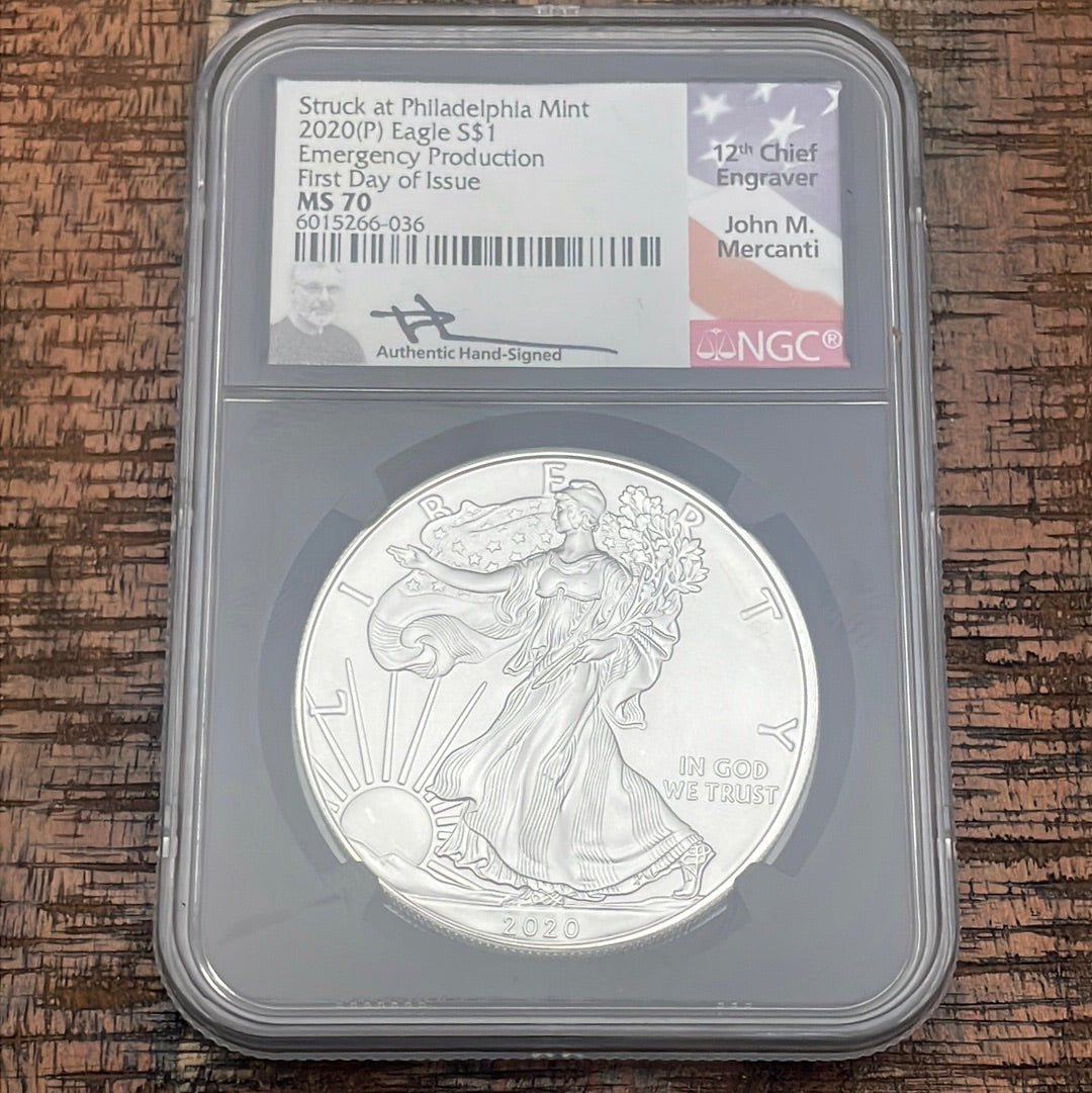 2020 $1 American Silver Eagle~ Emergency Production ~ FDOI ~ NGC MS70 ~ Mercanti signed