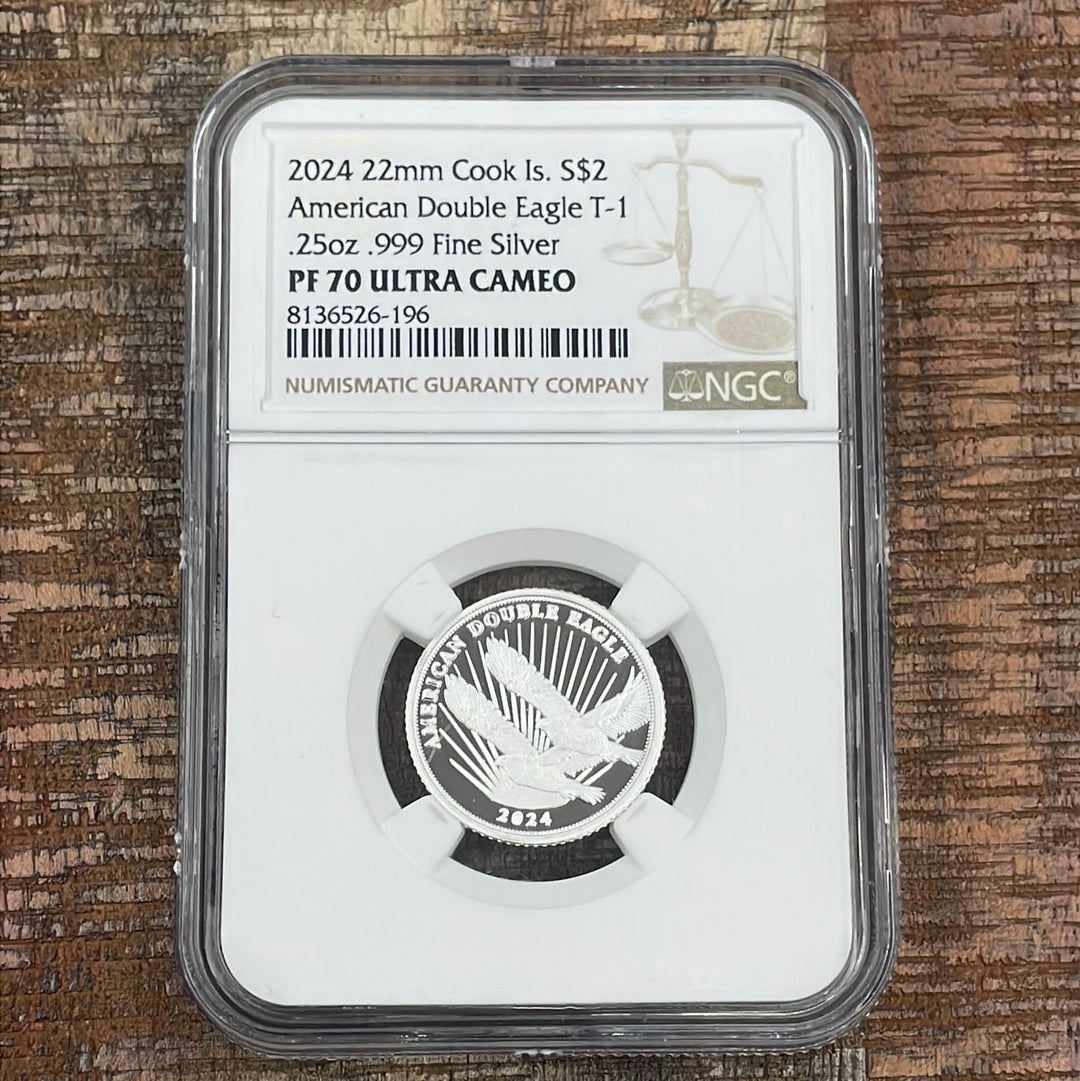 2024 22mm Cook Island $2 American Double Eagle T-1~ .25 oz .999 Fine Silver ~ NGC PF70 Ultra Cameo