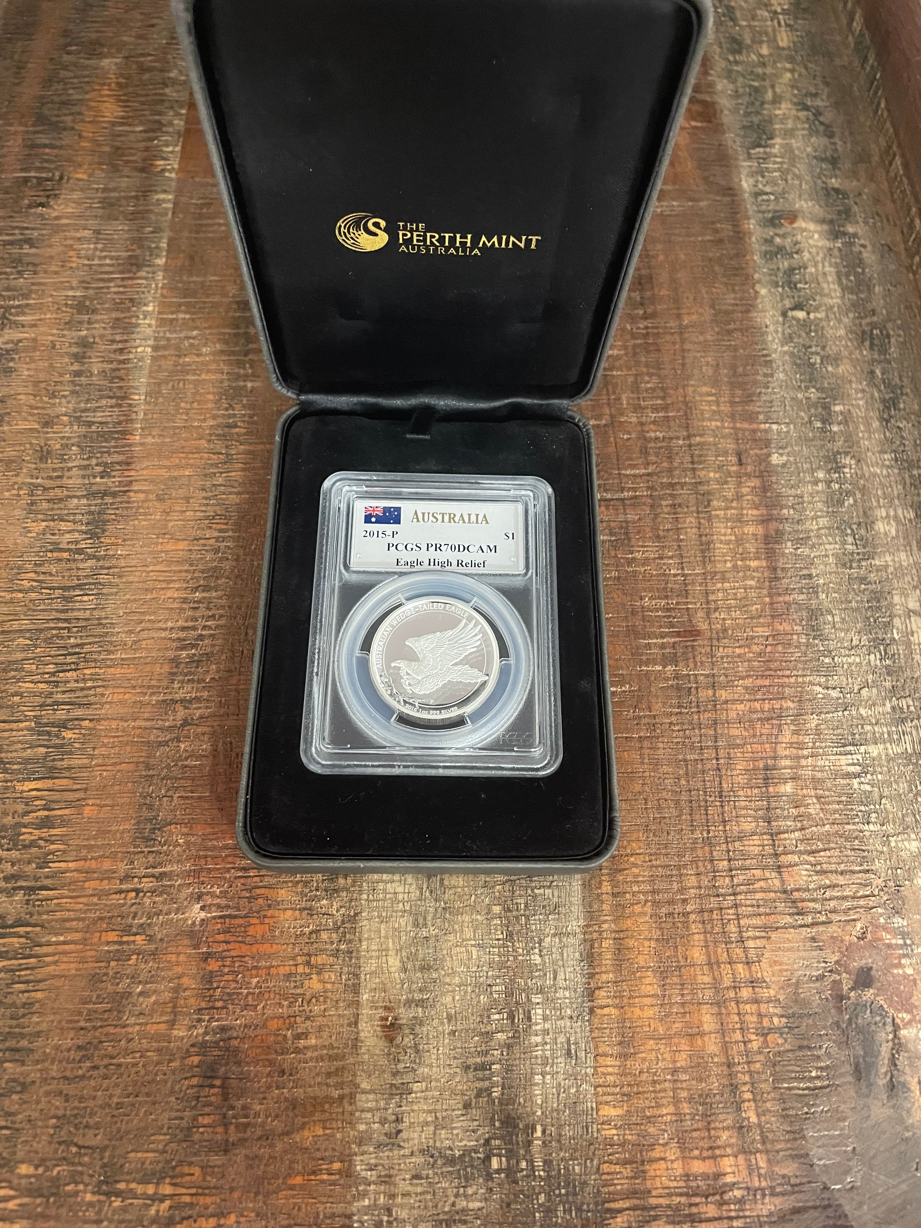 2015-P $1 Australia Eagle High Relief ~ PCGS PR70 DCAM ~ Mercanti Signed ~ Box, case, and COA included.