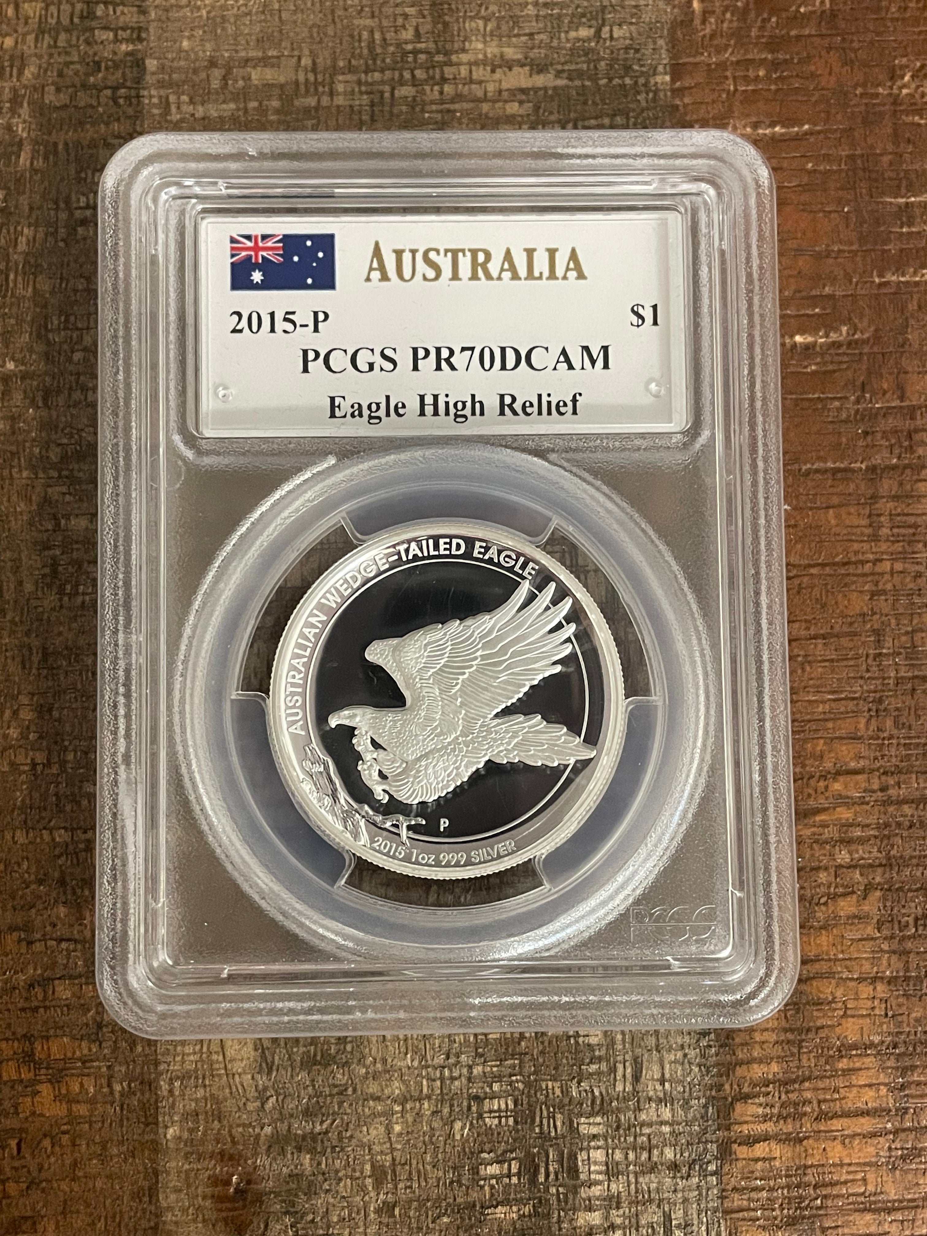 2015-P $1 Australia Eagle High Relief ~ PCGS PR70 DCAM ~ Mercanti Signed ~ Box, case, and COA included.
