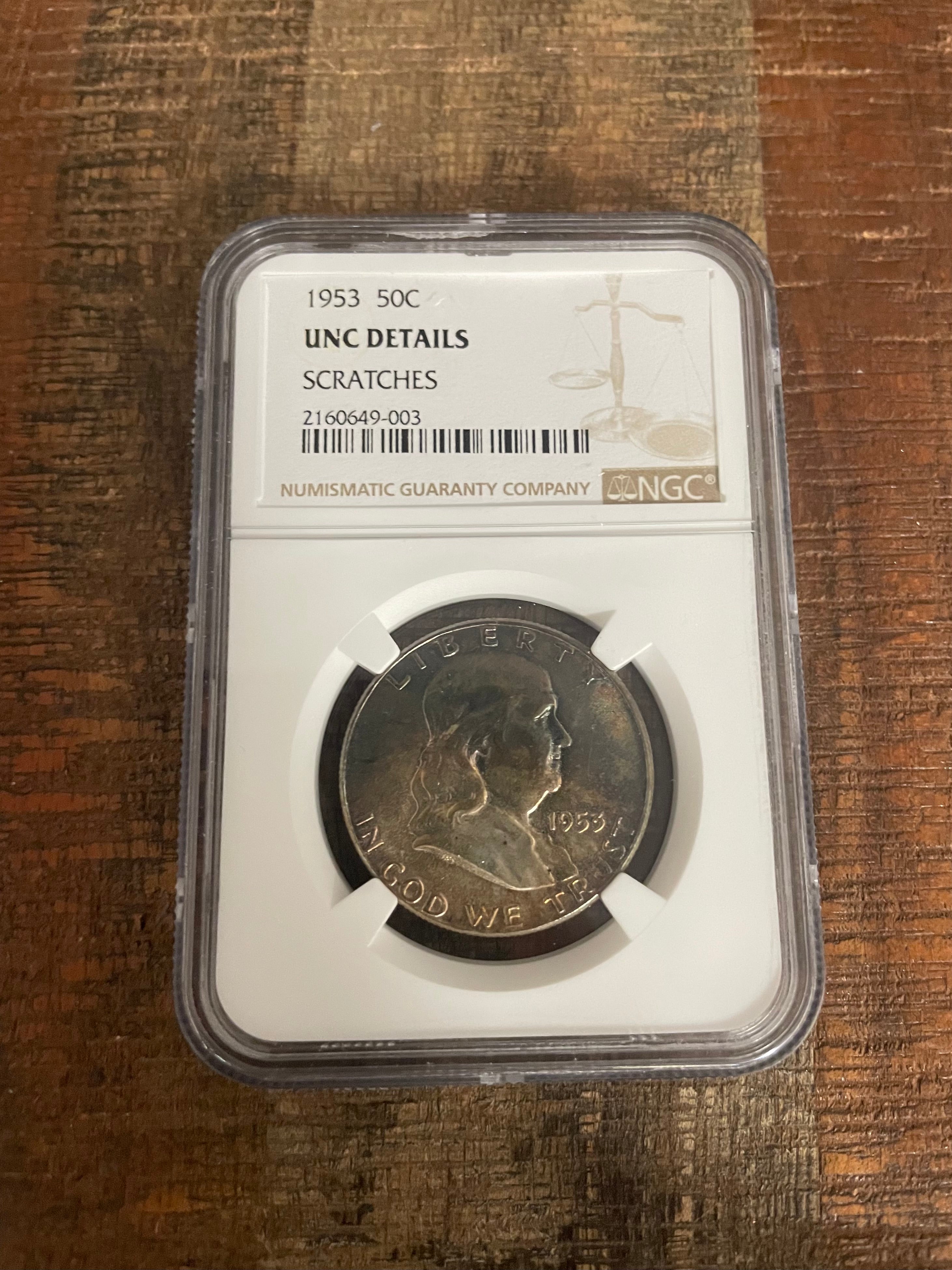1953 50C US Franklin Half Dollar ~ NGC UNC Details ~ Scratches