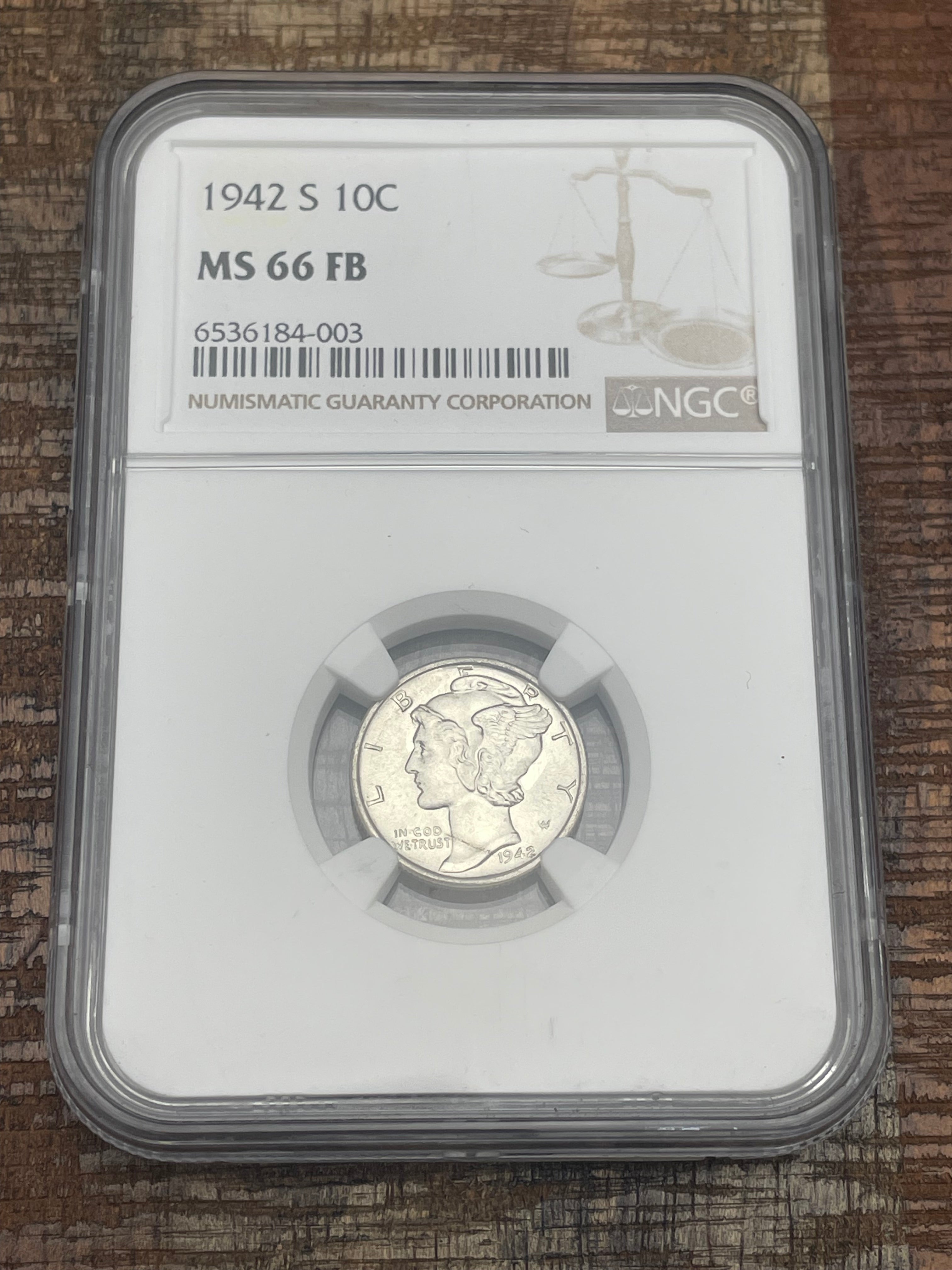 1942-S US 10c Mercury Dime NGC MS66 FB