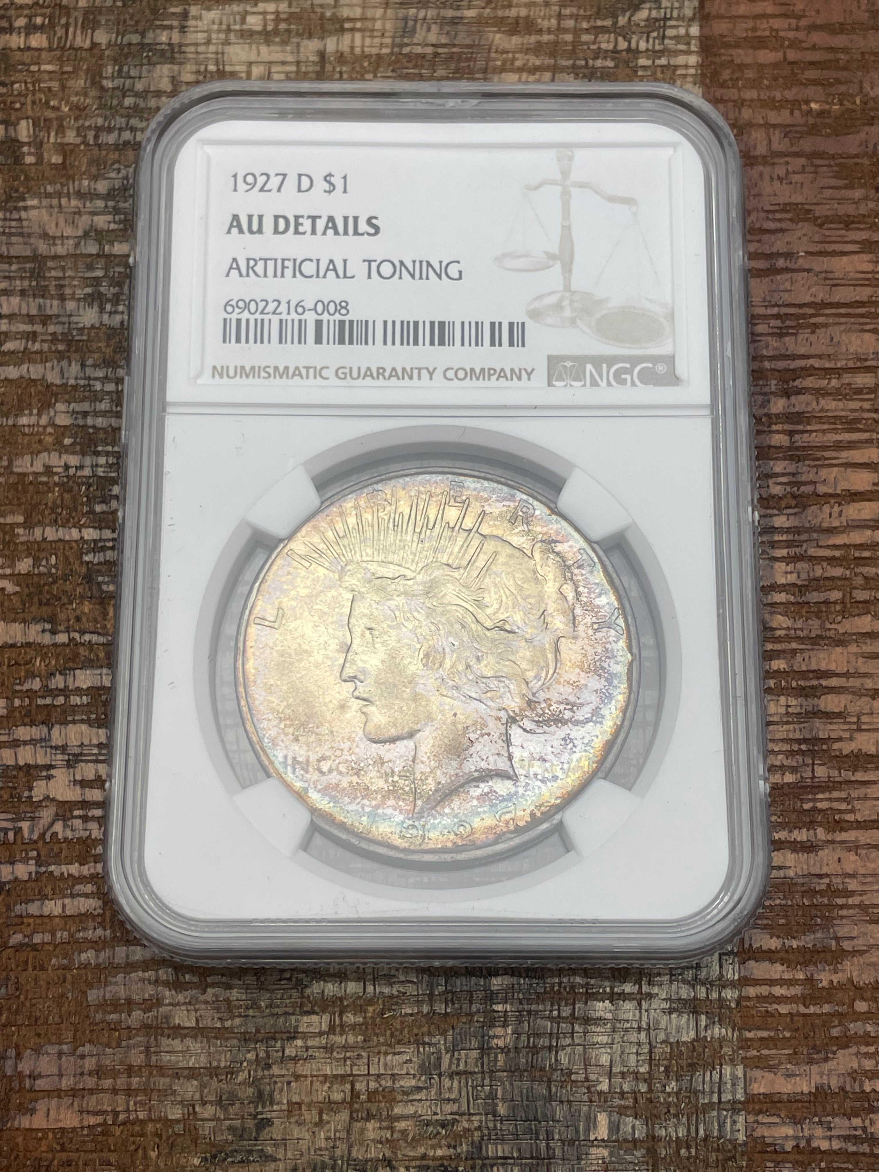 1927 D $1 US Silver Peace Dollar ~ NGC AU Details ~ Artificial Toning ~ Beautifully Toned