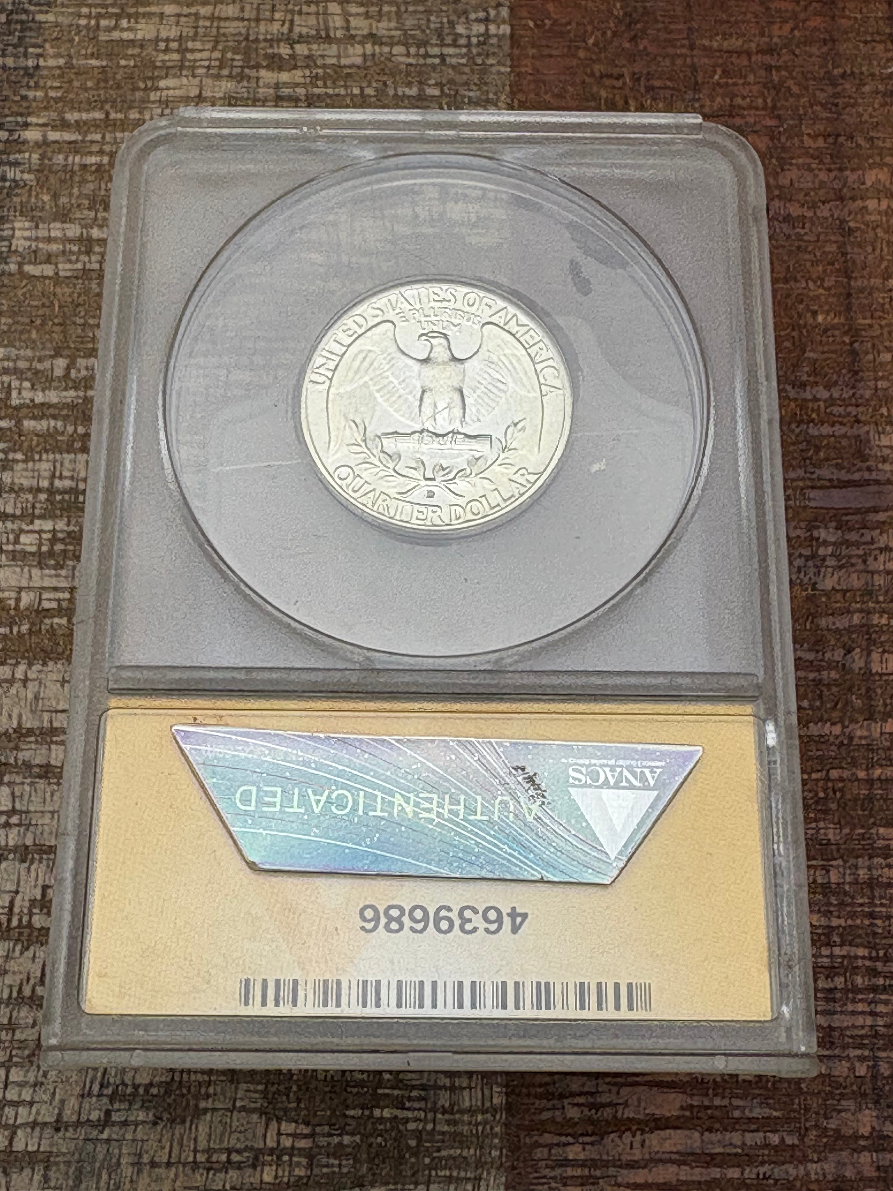 1936-D 25C US Washington Quarter ~ ANACS MS62