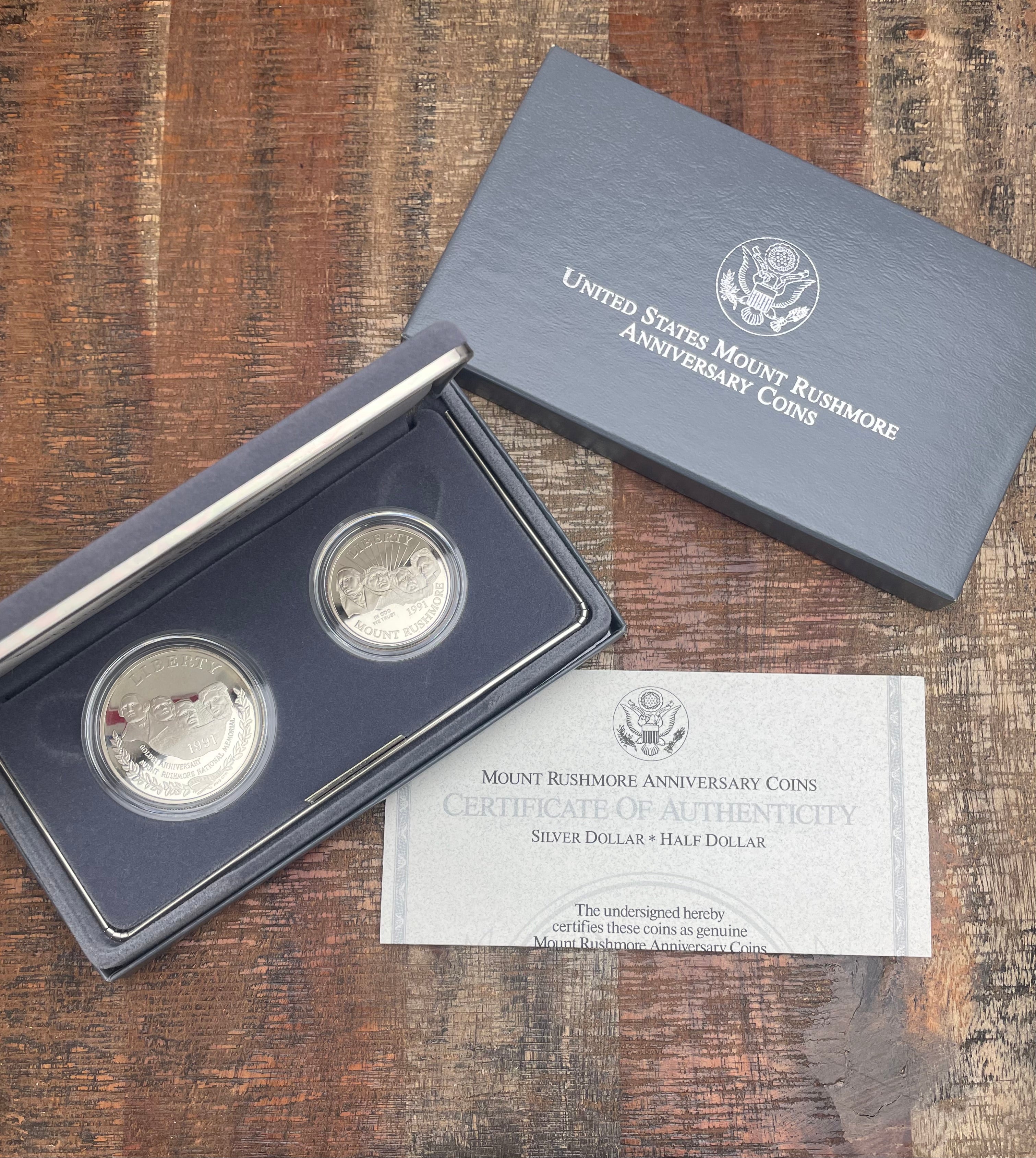 1991 Mount Rushmore Anniversary Coins~ Two-Coin Proof Set~Silver Dollar/Clad Half~ OGP with COA