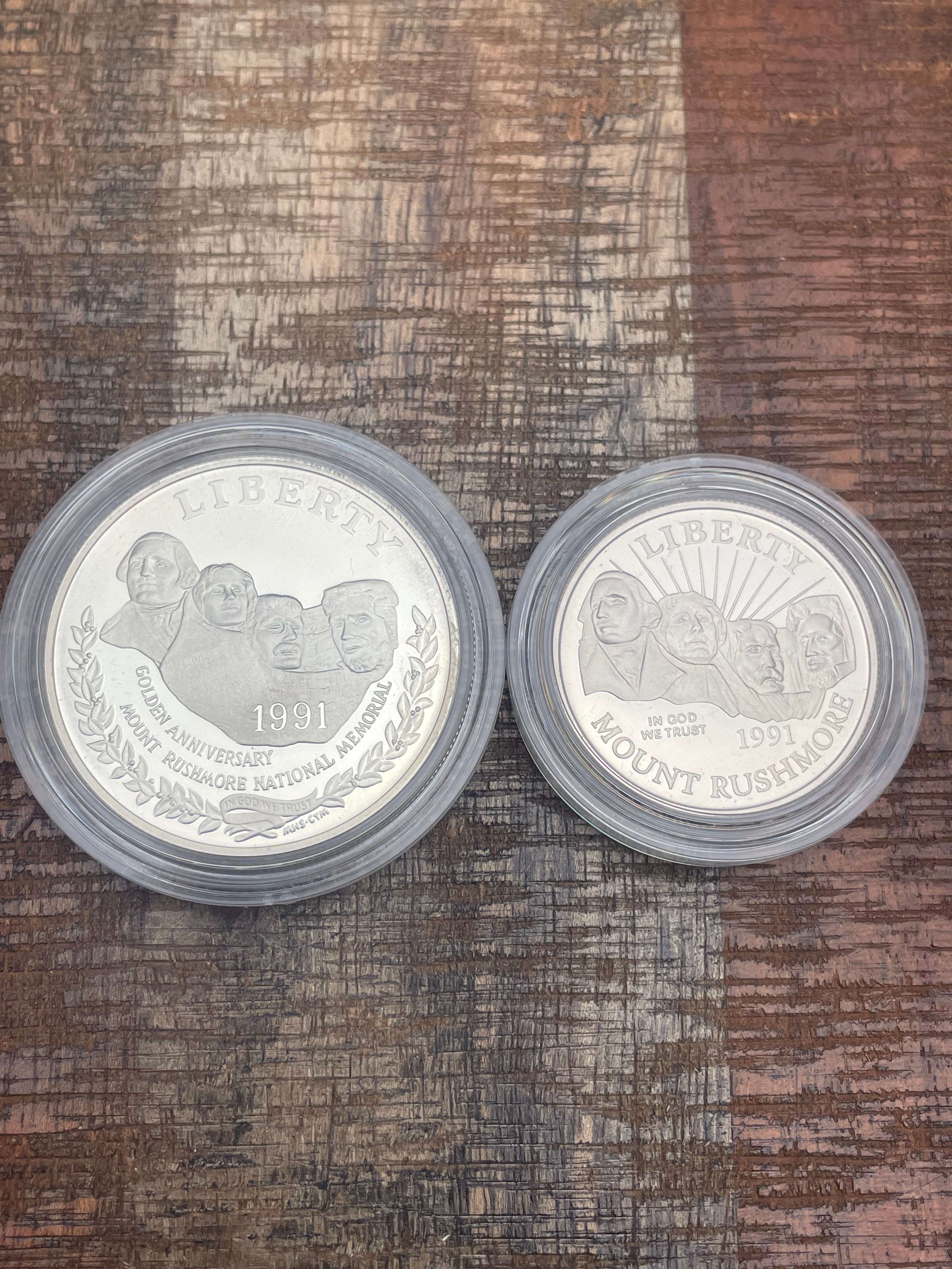 1991 Mount Rushmore Anniversary Coins~ Two-Coin Proof Set~Silver Dollar/Clad Half~ OGP with COA