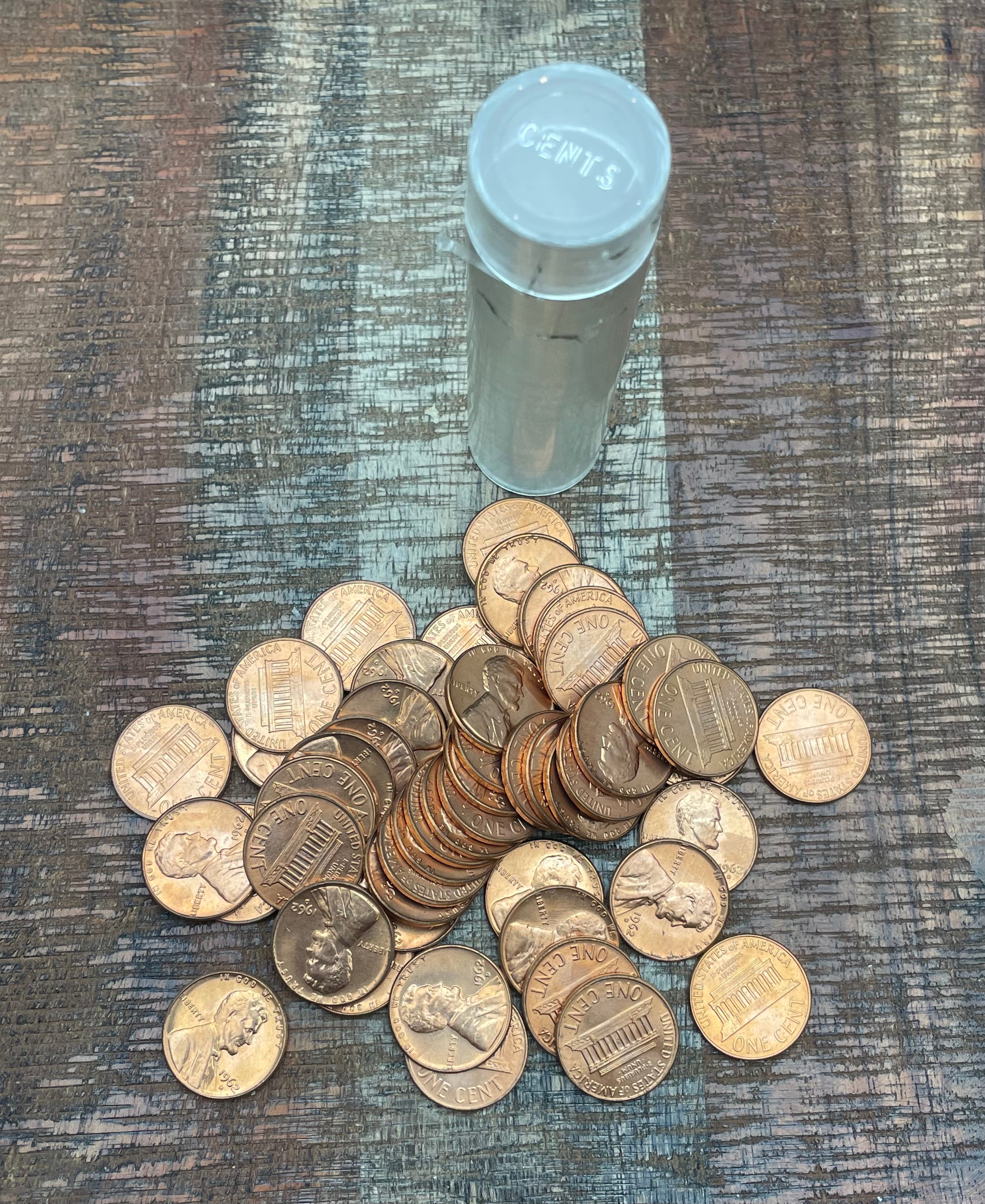 1962-D 1C Uncirculated Lincoln Memorial Cent ~ 1 Roll ~ 50 Coins ~ In Plastic Tube ~ BU