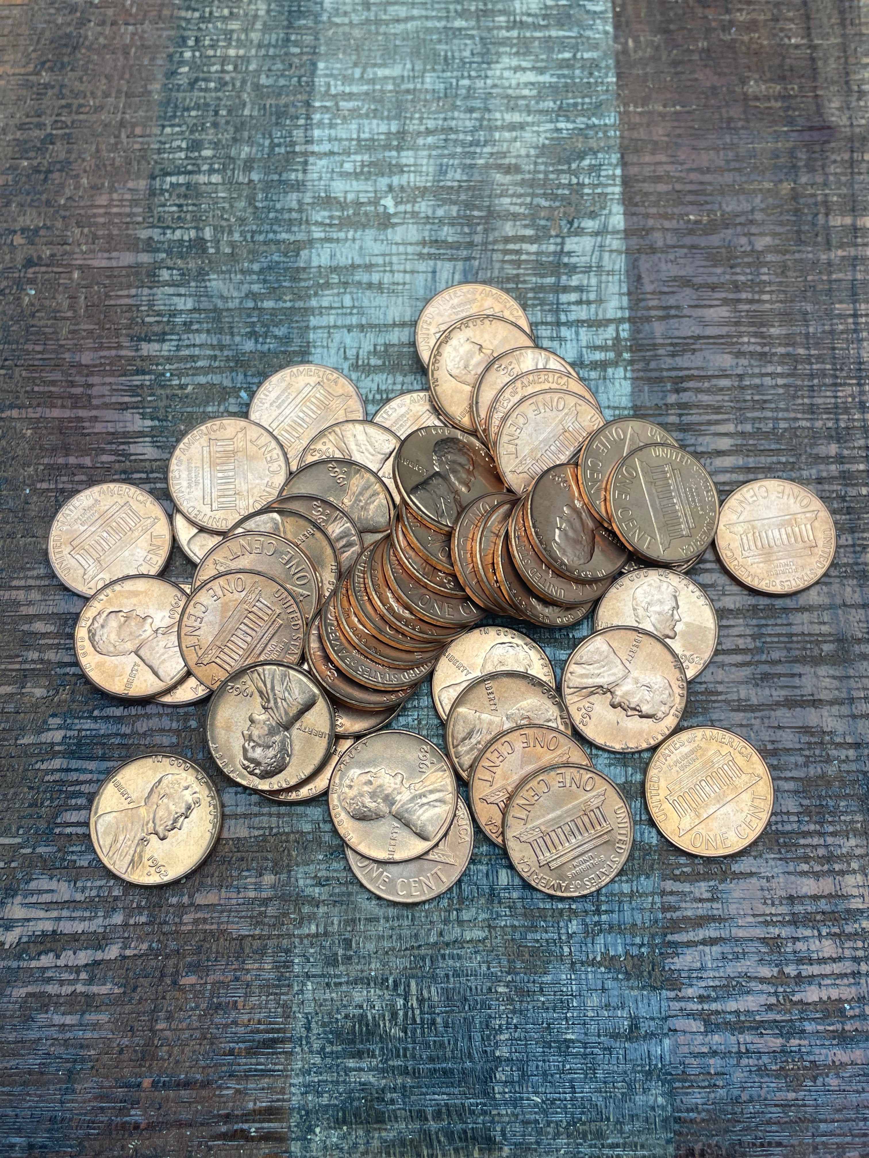1962-D 1C Uncirculated Lincoln Memorial Cent ~ 1 Roll ~ 50 Coins ~ In Plastic Tube ~ BU