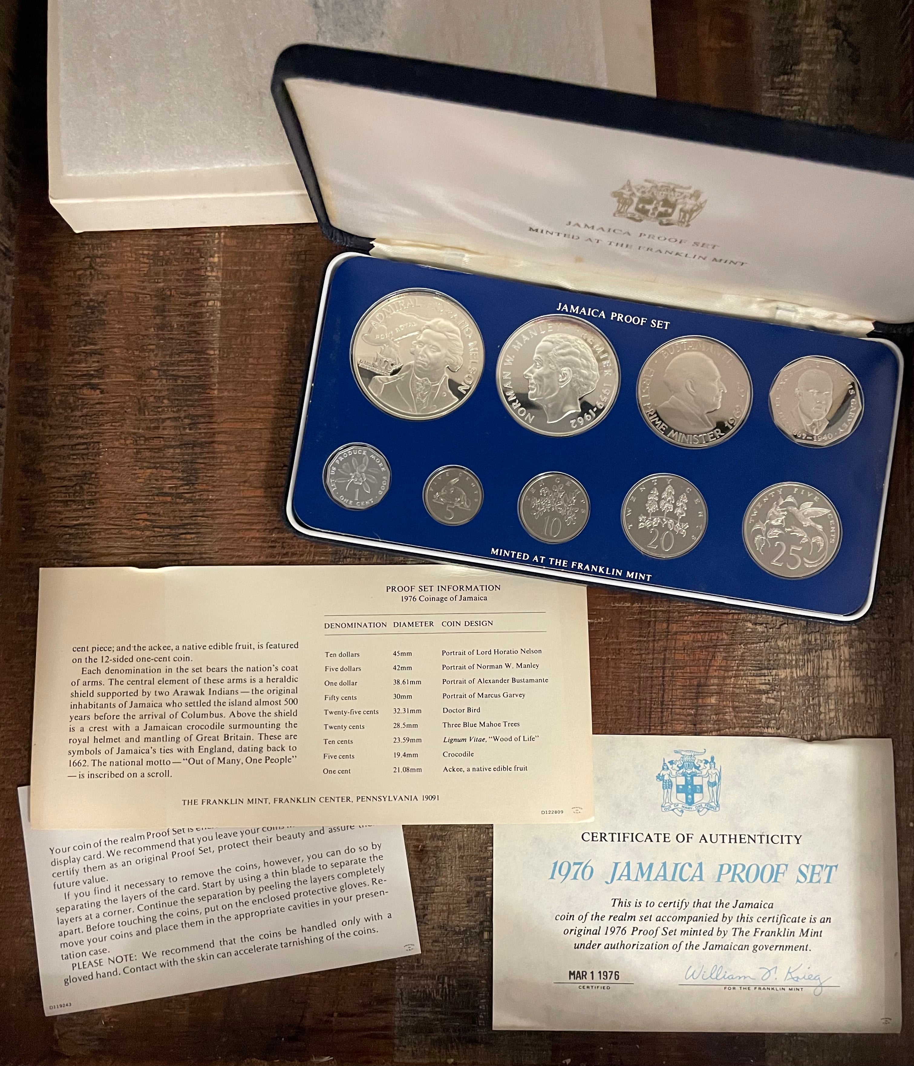 1976 Coinage of Jamaica proof set ~ Franklin Mint ~ 1.87oz of silver ~ In OGP with COA