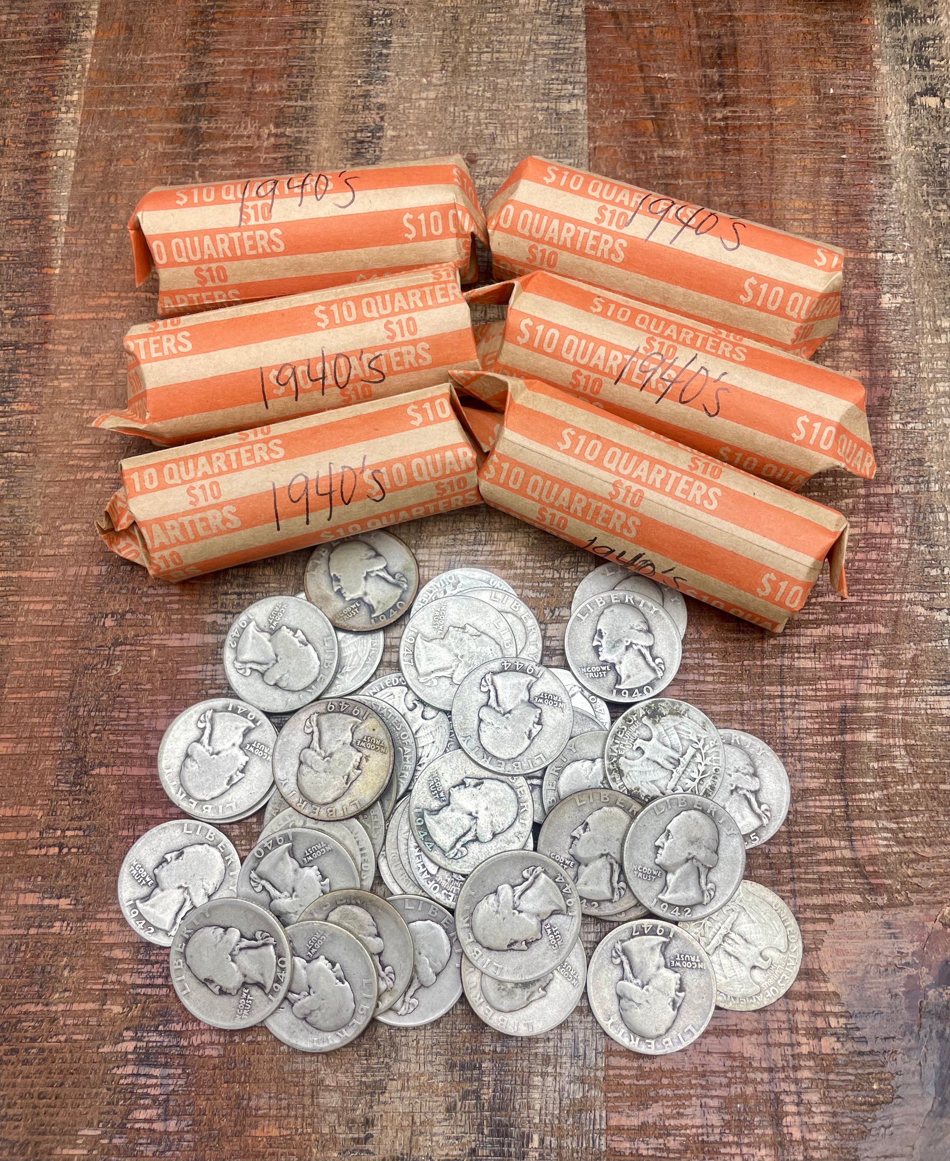 1940-1949 $10 Roll of Quarters - 90% Silver - 40 Quarters~Mixed Dates all from the 40's