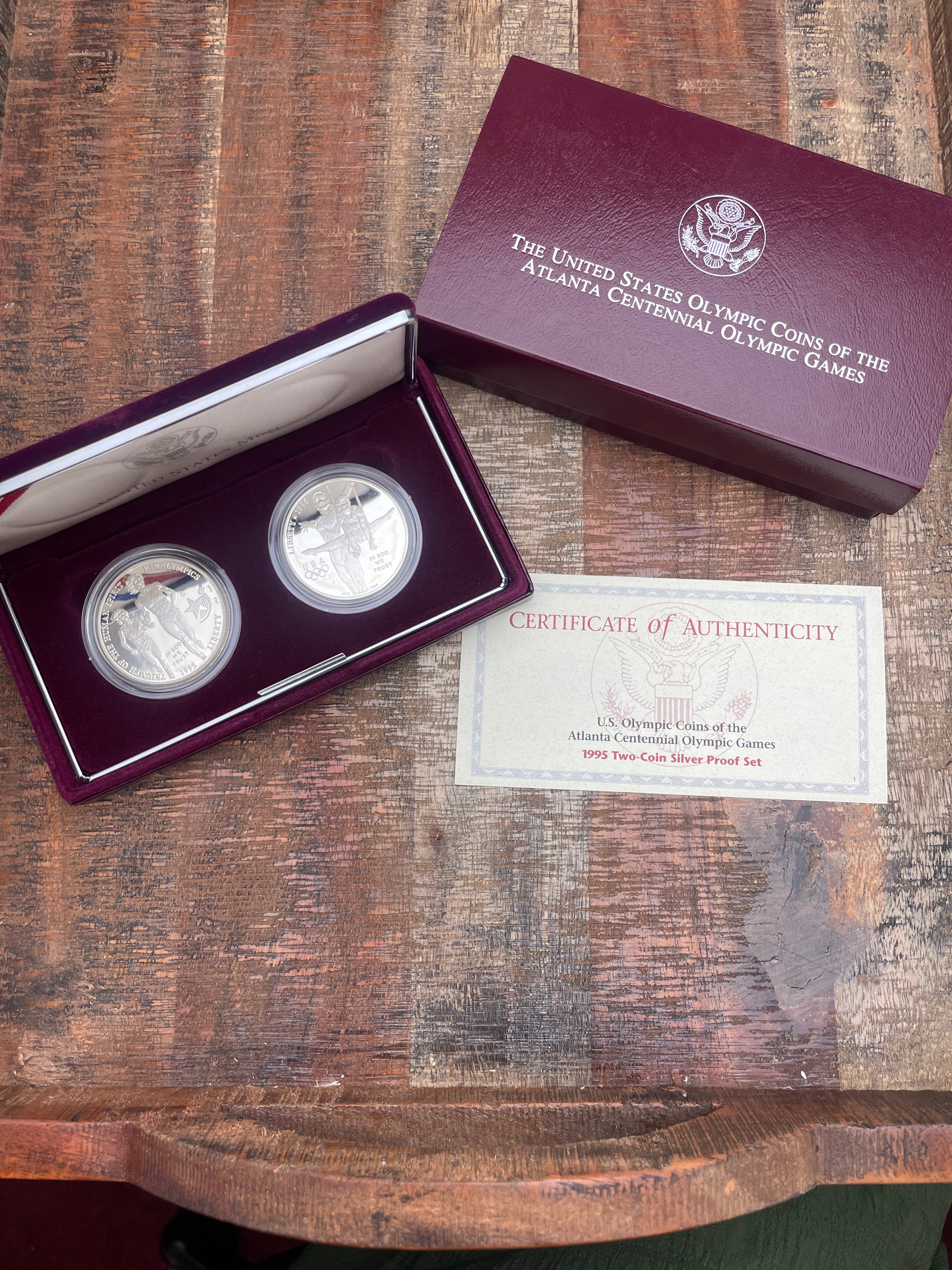 1995 US Olympic Coins of the Atlanta Centennial Olympic Games~Two-Coin Silver Proof Set~OGP with COA