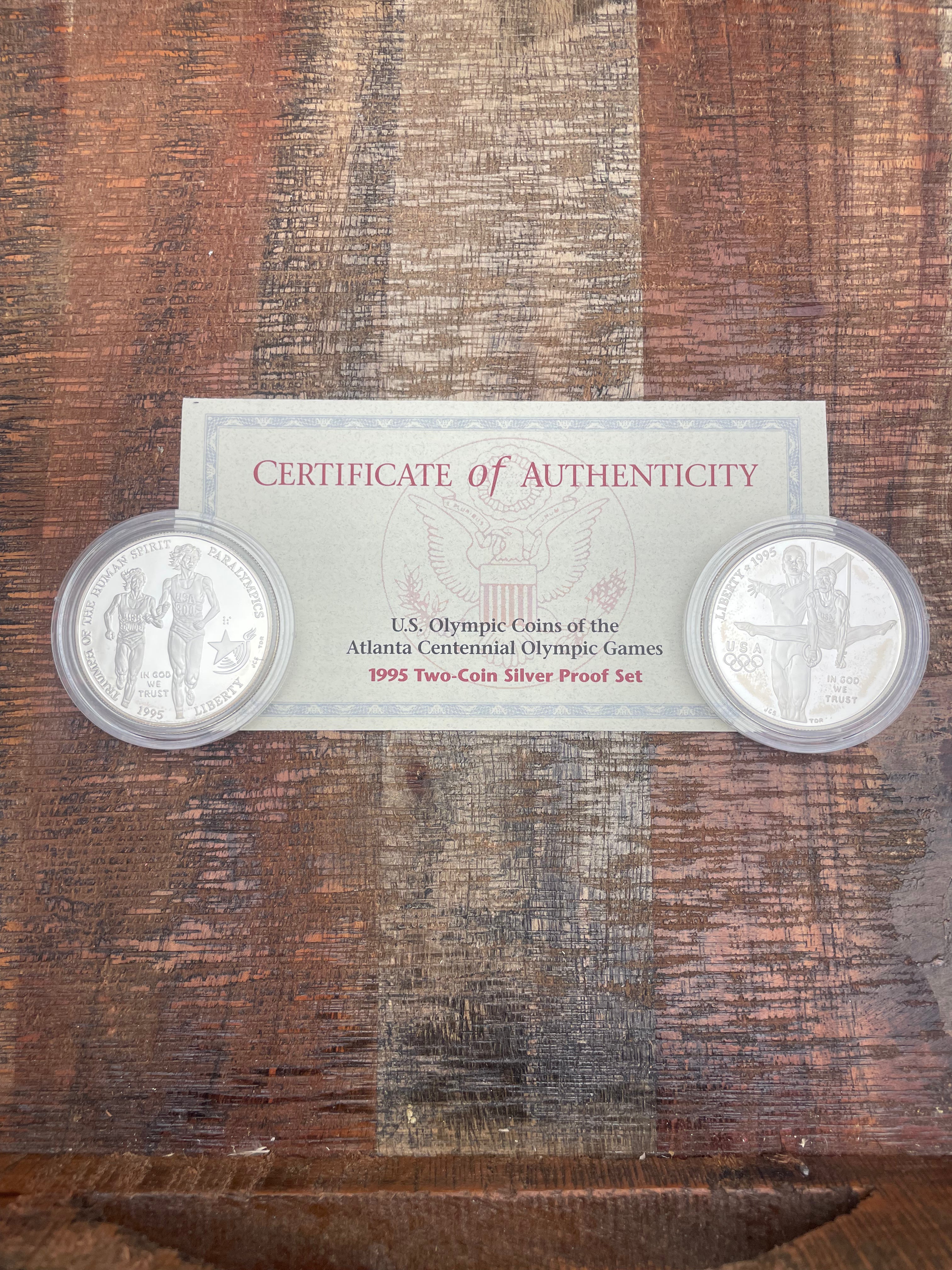 1995 US Olympic Coins of the Atlanta Centennial Olympic Games~Two-Coin Silver Proof Set~OGP with COA