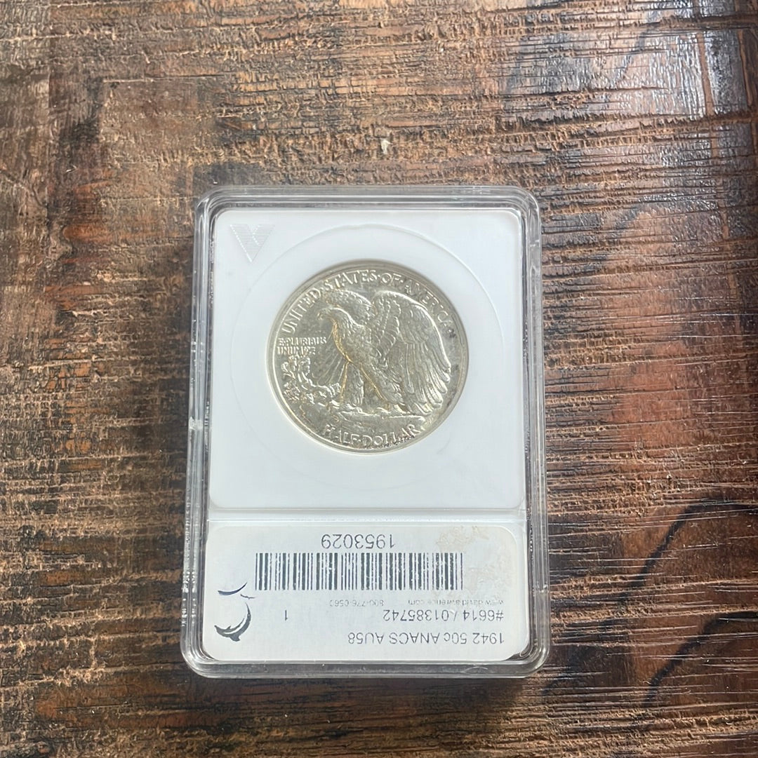 1942 50c Walking Liberty Half Dollar ANACS AU58