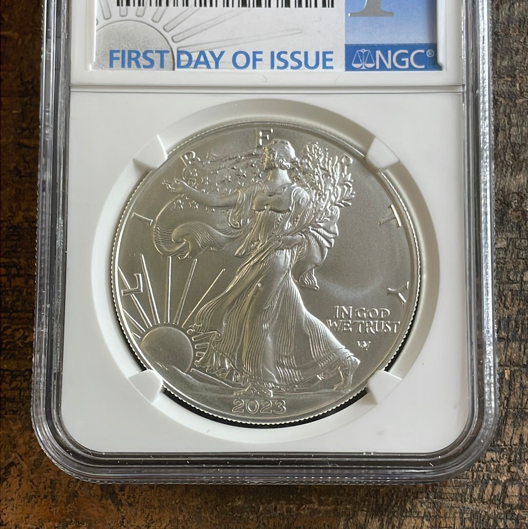 2023-W $1 Burnished American Silver Eagle FDOI. NGC MS70