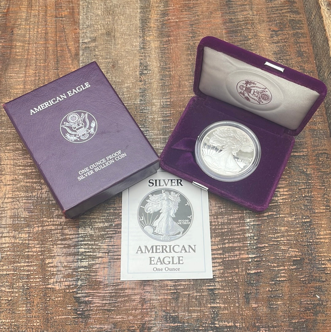 1990-S $1 US American Proof Silver Eagle Coin~Capsule, Presentation Case, COA, and Box