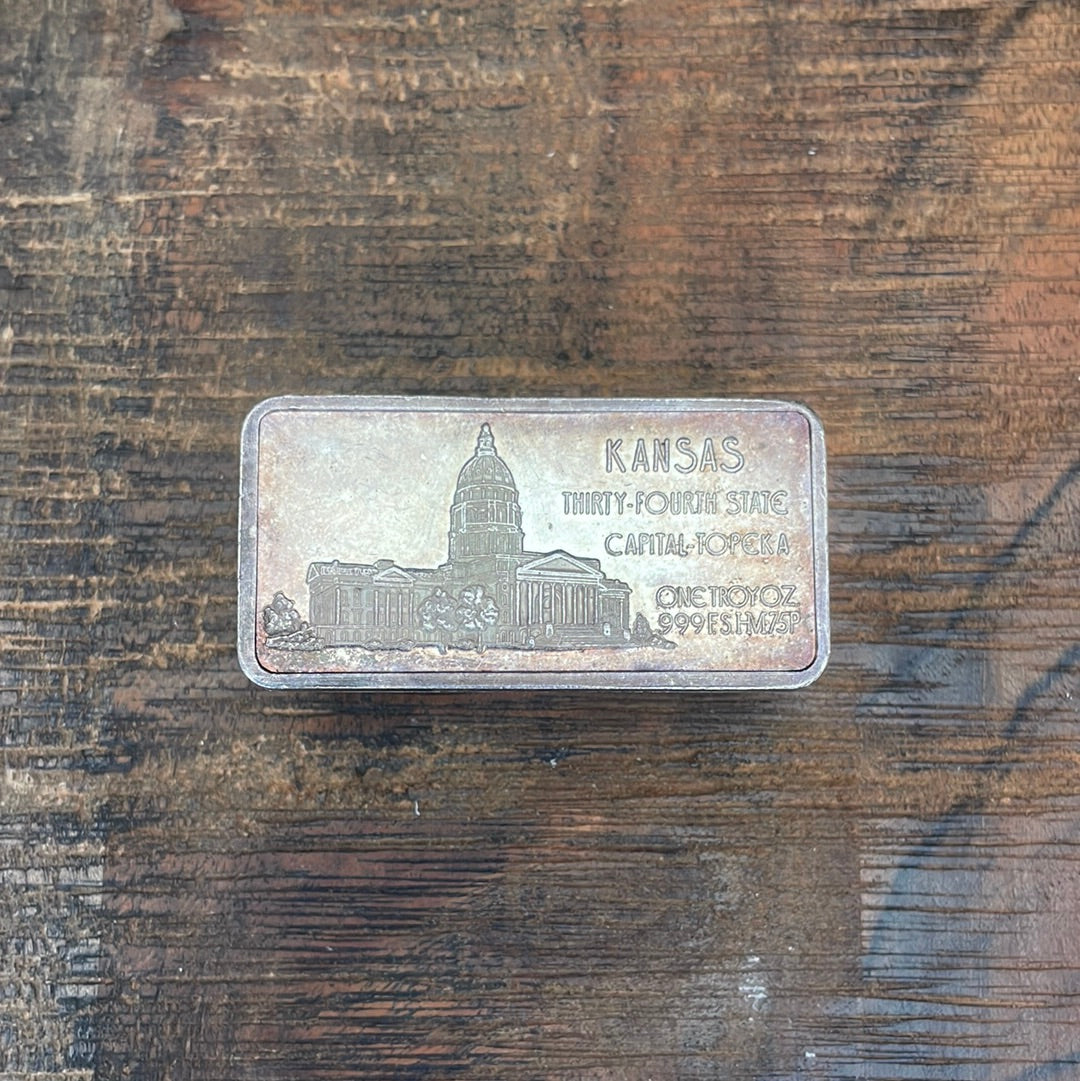 Kansas 34th State 1oz Troy .999 Fine Silver Art Bar Toned 1976 Hamilton Mint