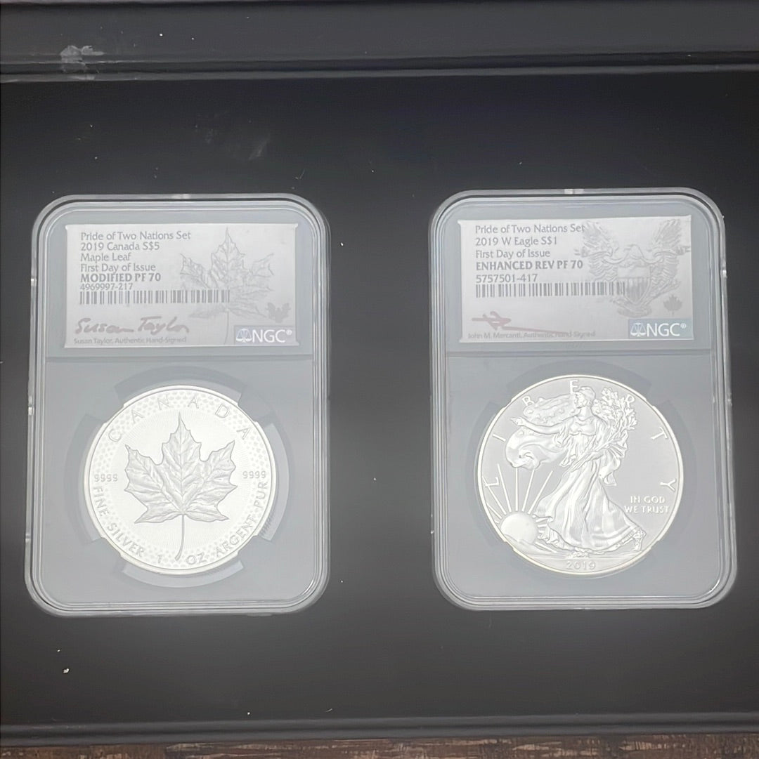 2019 Pride of Two Nations Set ~ ~ FDOI ~ NGC Graded ~ Canada MODIFIED PF70 ~ American ENCHANCED REV PF70
