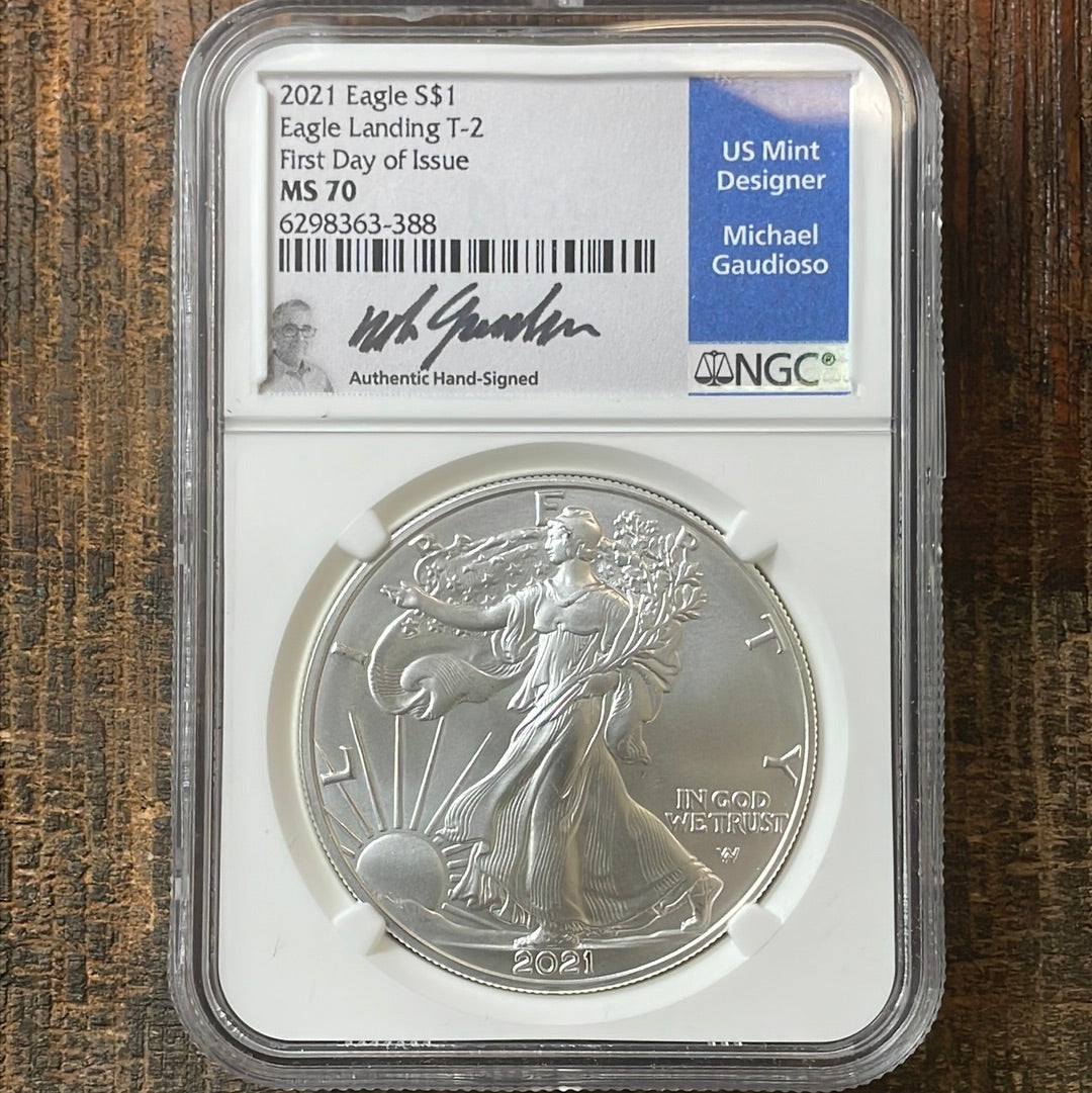 2021 $1 US Eagle Landing T-2 FDOI NGC MS70 Gaudioso Signed Label.