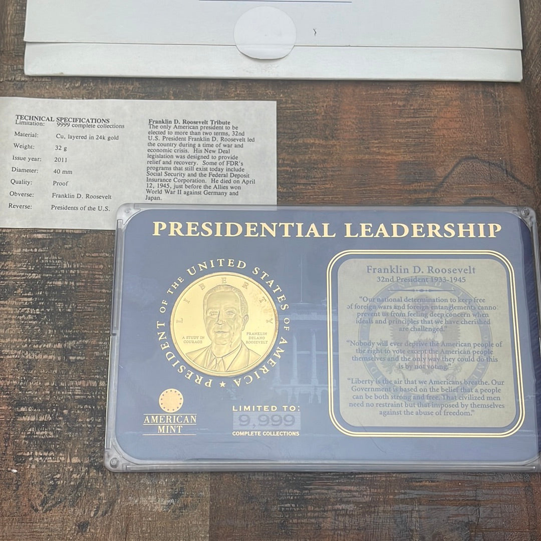 2011 Presidential Leadership Franklin D. Roosevelt Commemorative Coin, American Mint, Layered in 24K Gold, in OGP with COA