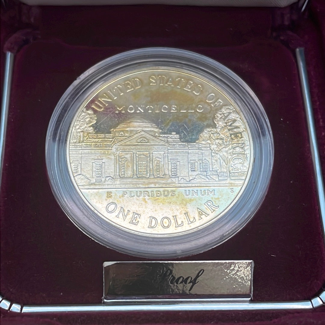 1993 $1 US Thomas Jefferson 250th Anniversary Silver Dollar-Proof Coin in OGP