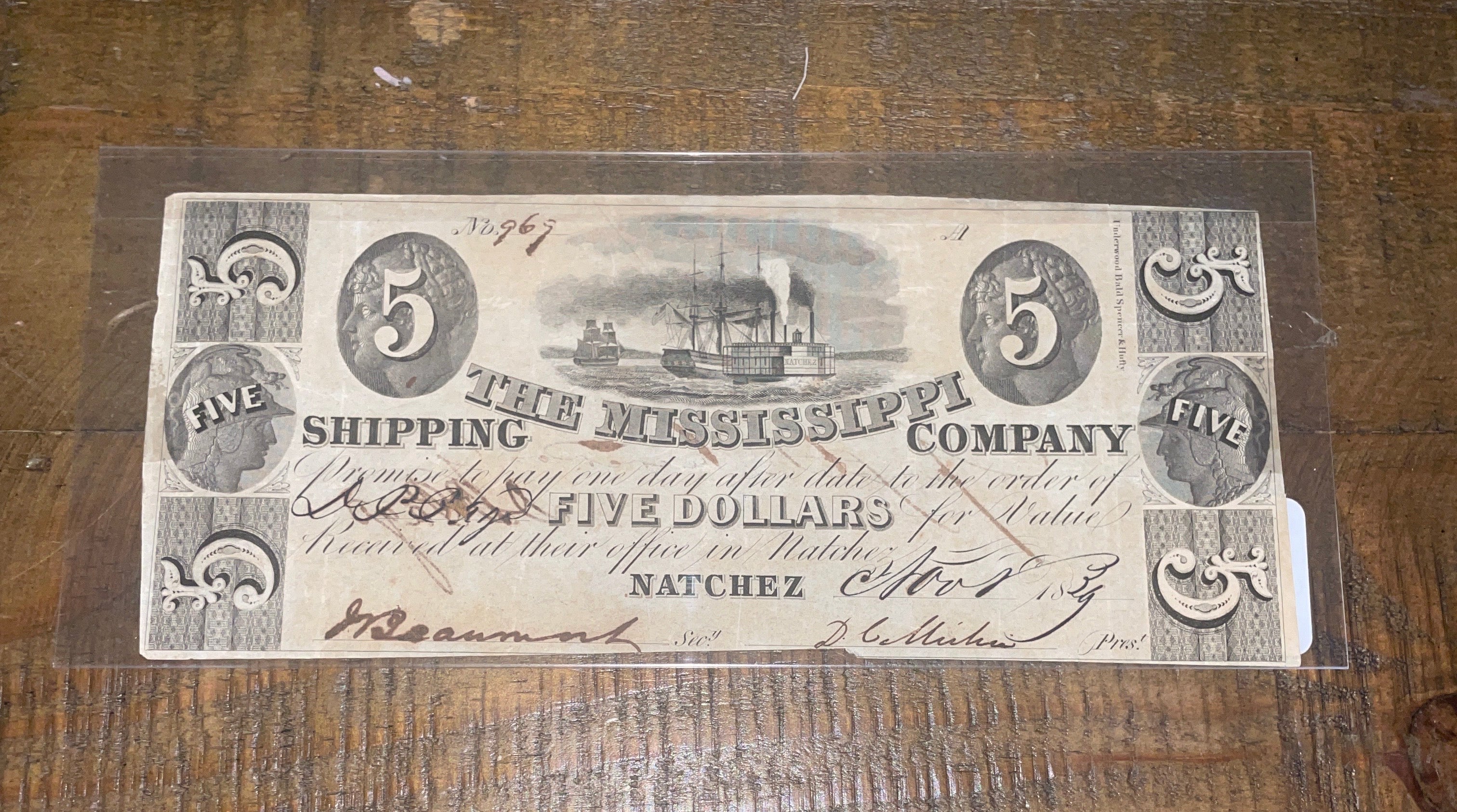 $5 1839 The Mississippi Shipping Company - Natchez, MS Obsolete Note - Steamboat