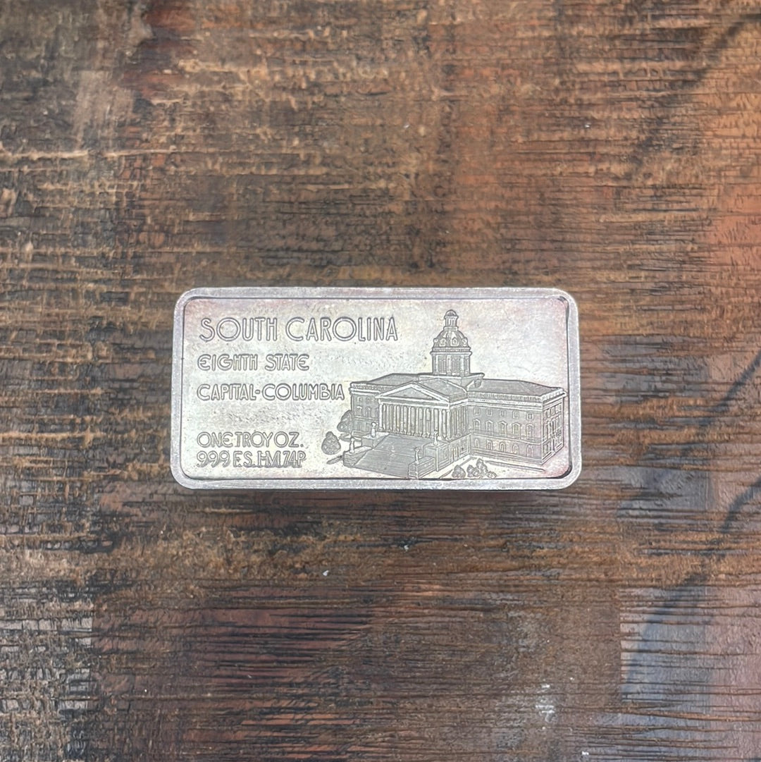 South Carolina 8th State 1oz Troy .999 Fine Silver Art Bar Toned 1976 Hamilton Mint