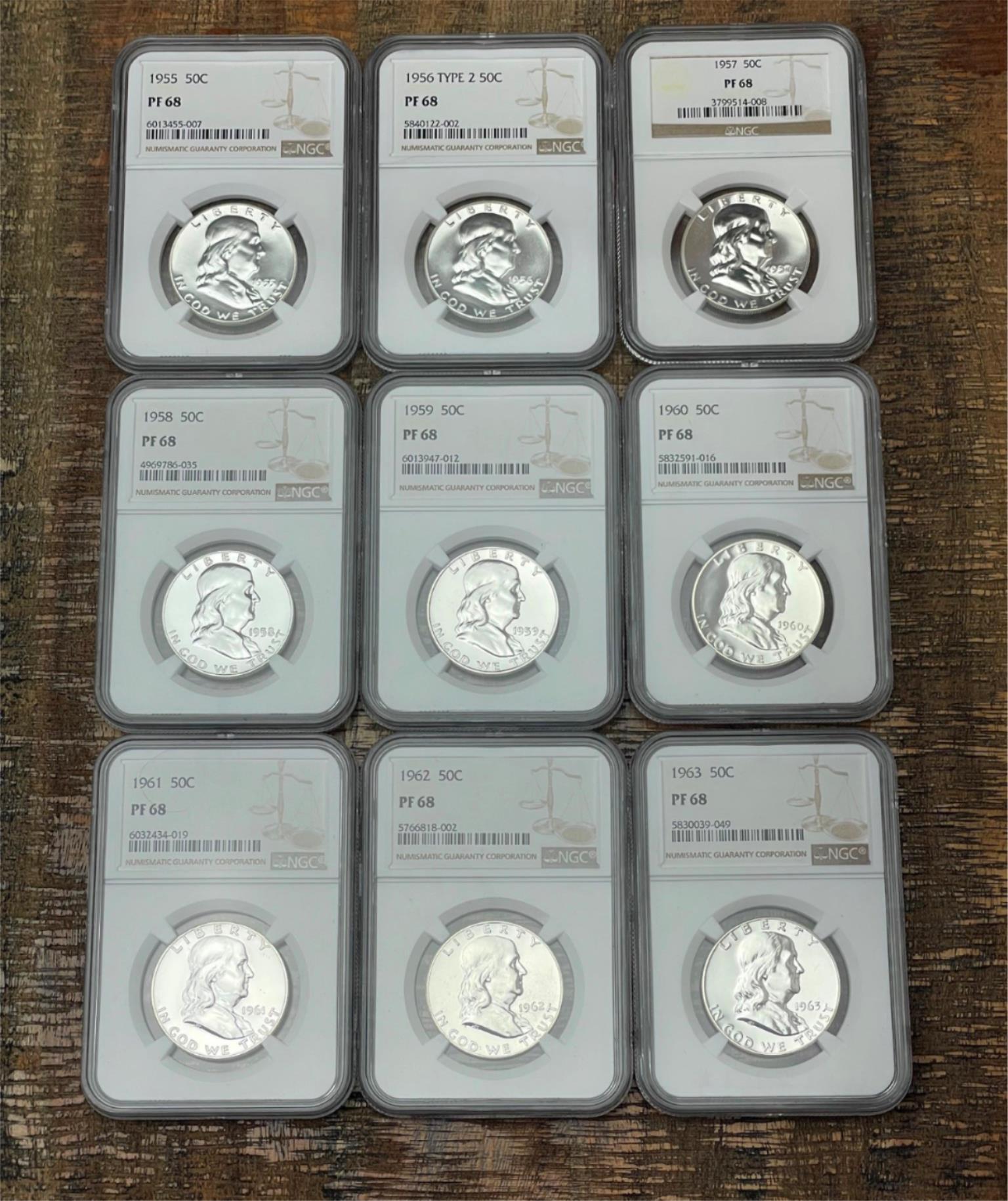 1955 to 1963 P, 9-Coin Set Franklin Half Dollars NGC Pf 68 Beautiful Set-United States Rare Coin & Currency