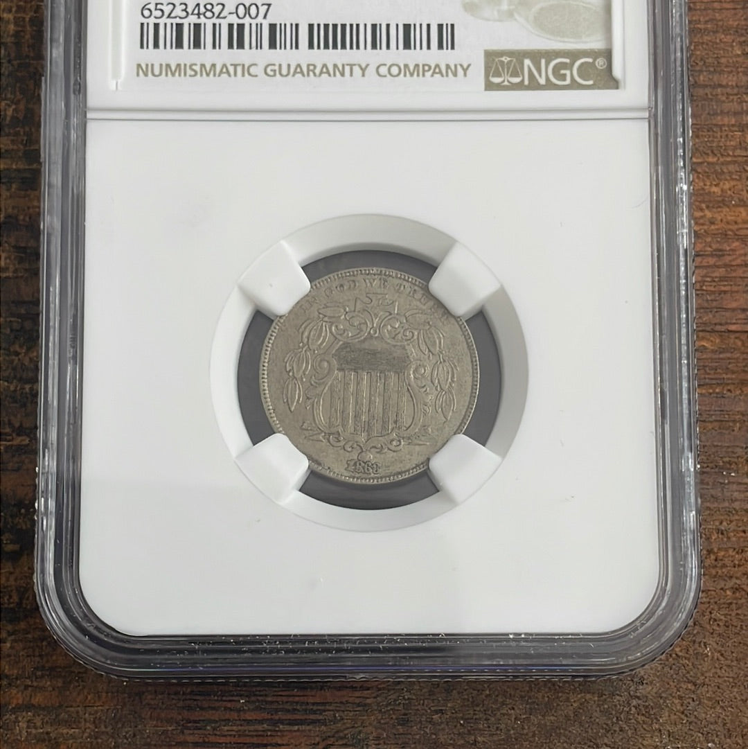 1868 5c US Shield Nickel, Rev of 67, NGC AU Details