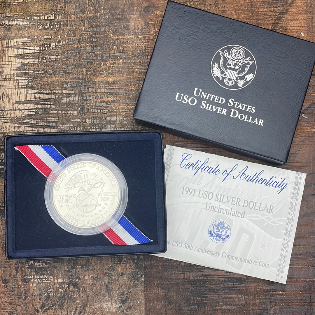 1991-D US $1 USO 50th Anniversary Silver Dollar Commemorative UNC in OGP with COA