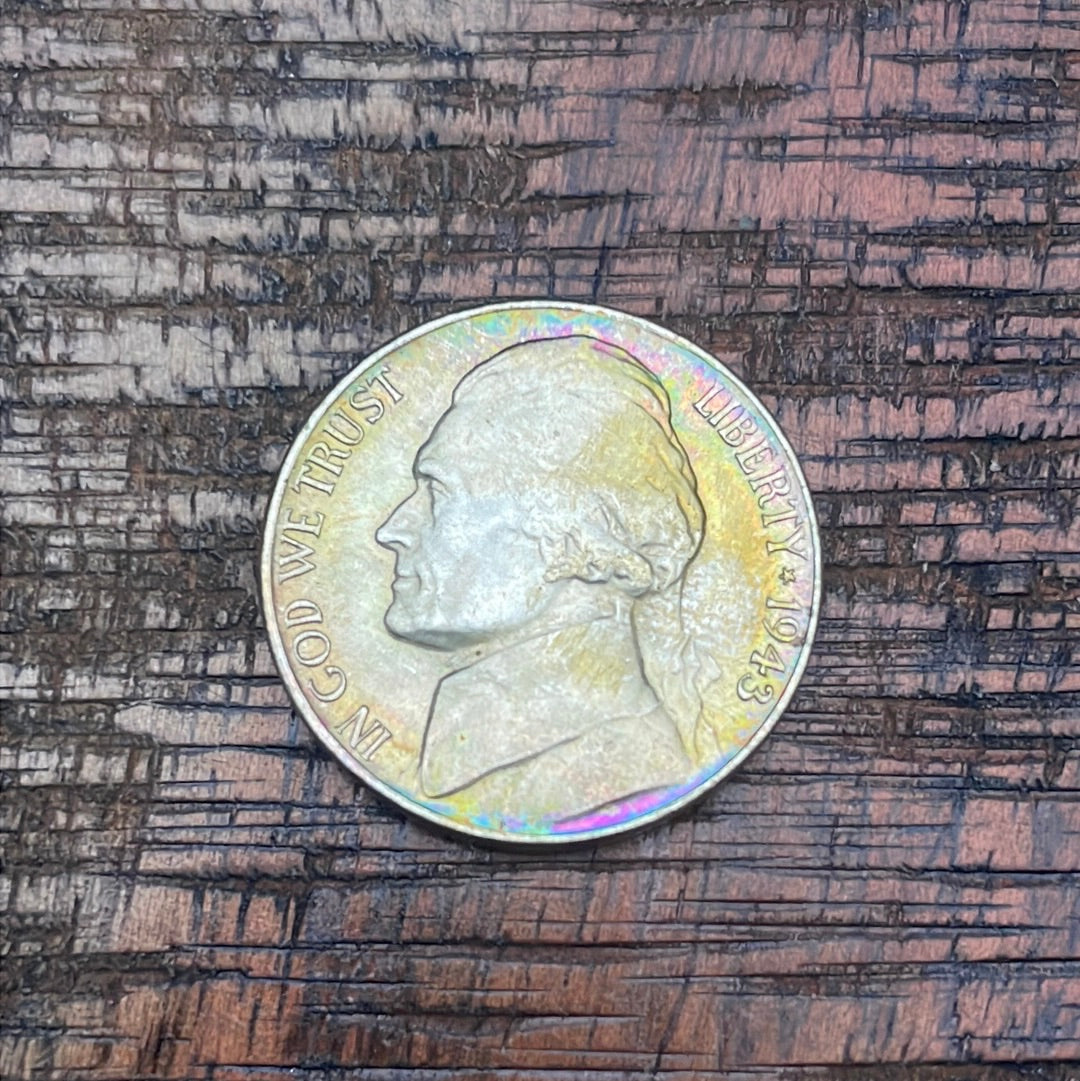 1943 5C Jefferson Nickel ~ 35% Silver ~ Slight Rainbow Toning