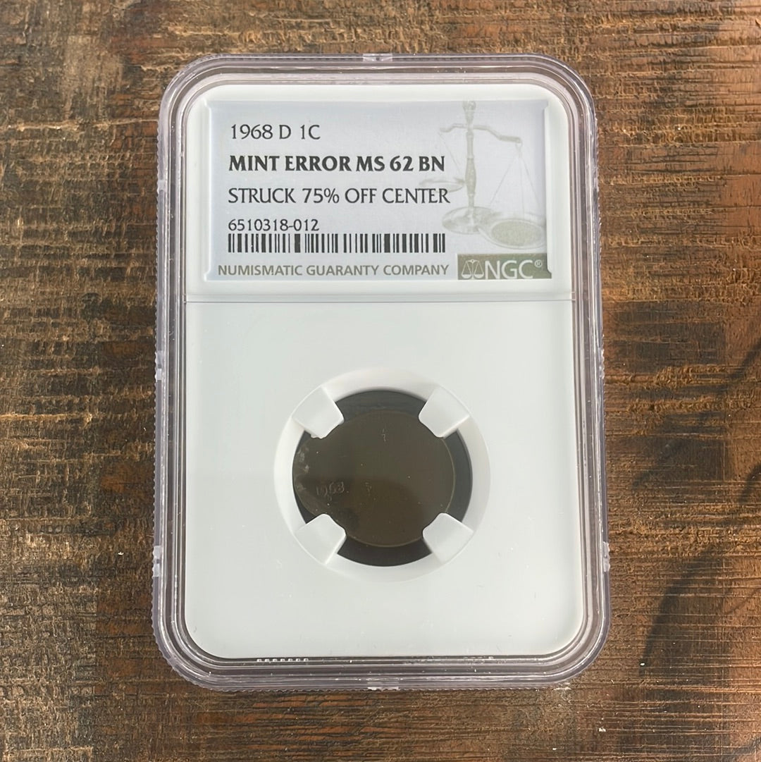 1968-D 1c US Lincoln Memorial Cent NGC MS62 BN Mint Error (75% off center)