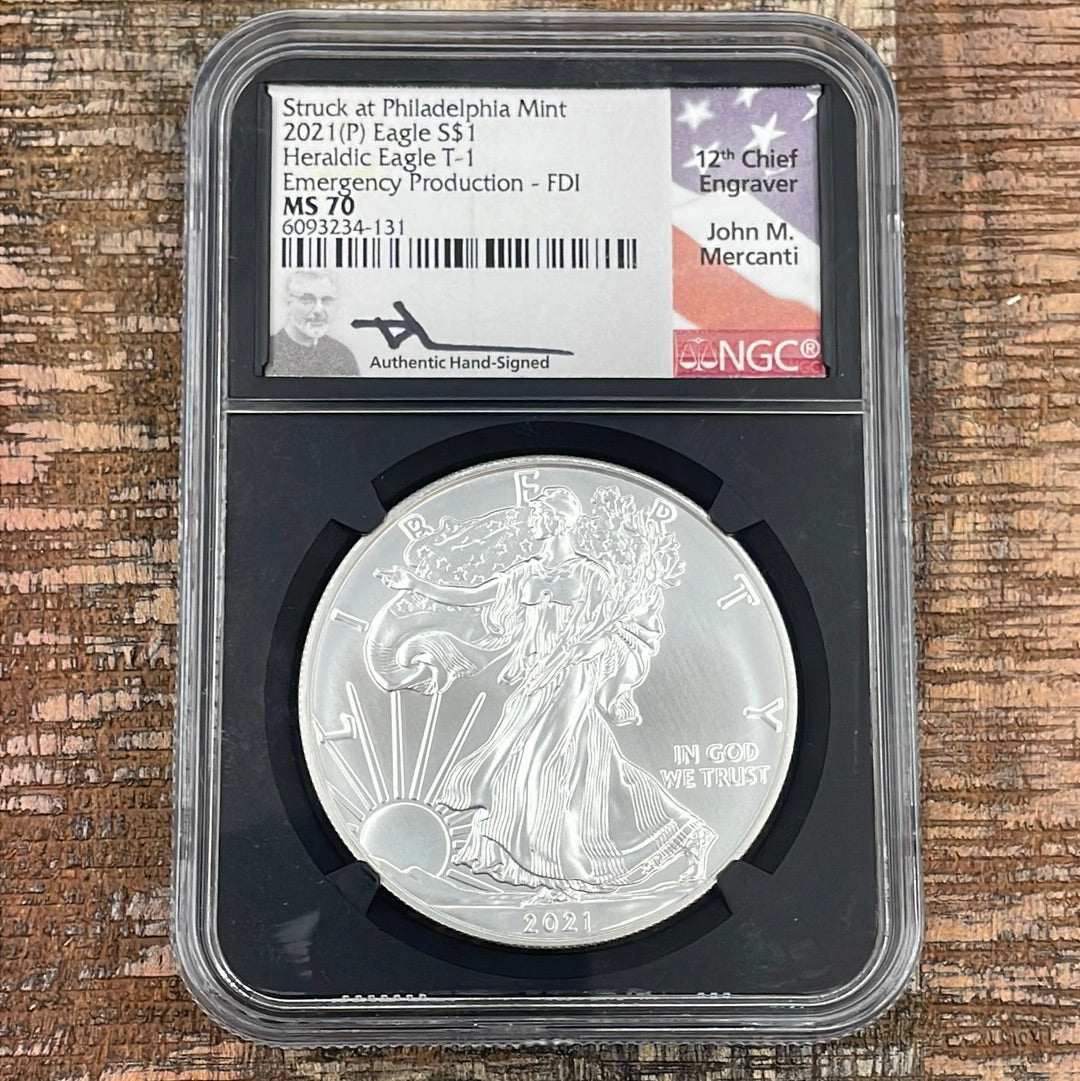 2021 $1 US American Silver Eagle, Heraldic Eagle T-1, Emergency Production-FDI, NGC MS70, Mercanti Signed