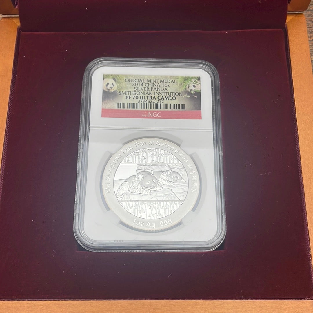 2014 China 1 oz Silver Panda Smithsonian Institution NGC PF70 Ultra Cameo Official Mint Medal ~ In presentation Case with Box and COA