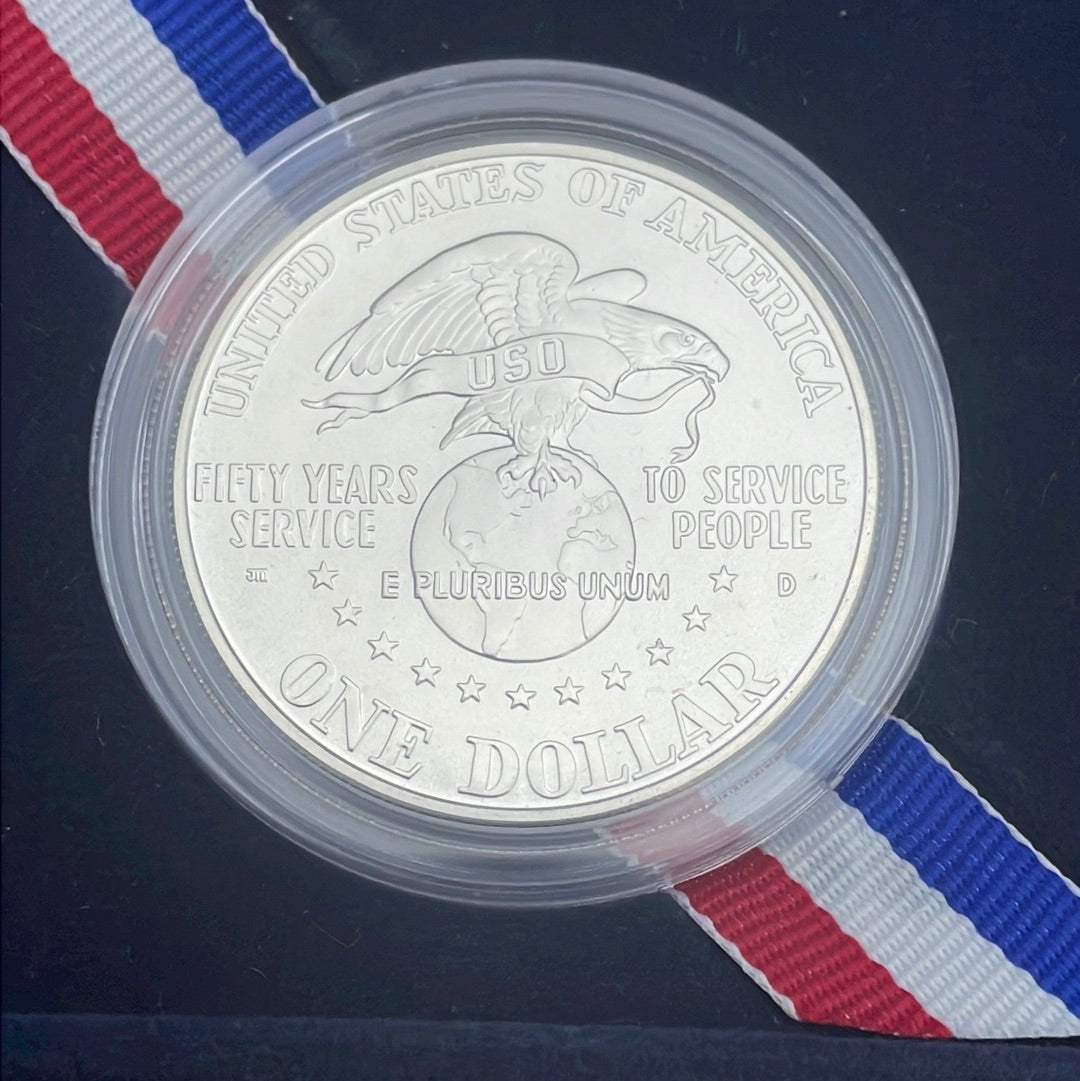 1991-D US $1 USO 50th Anniversary Silver Dollar Commemorative UNC in OGP with COA