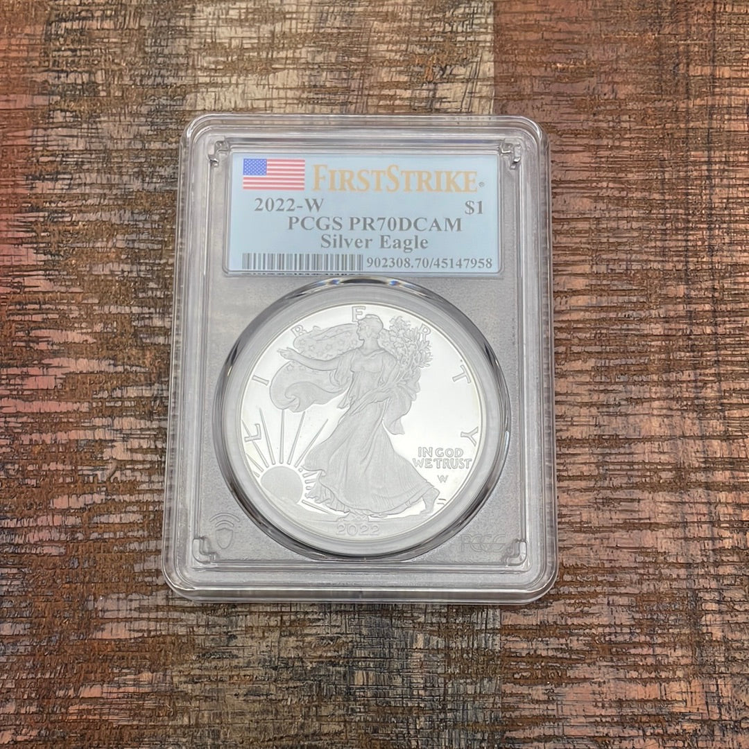 2022-W $1 US American Silver Eagle, First Strike, PCGS PR70 Deep Cameo