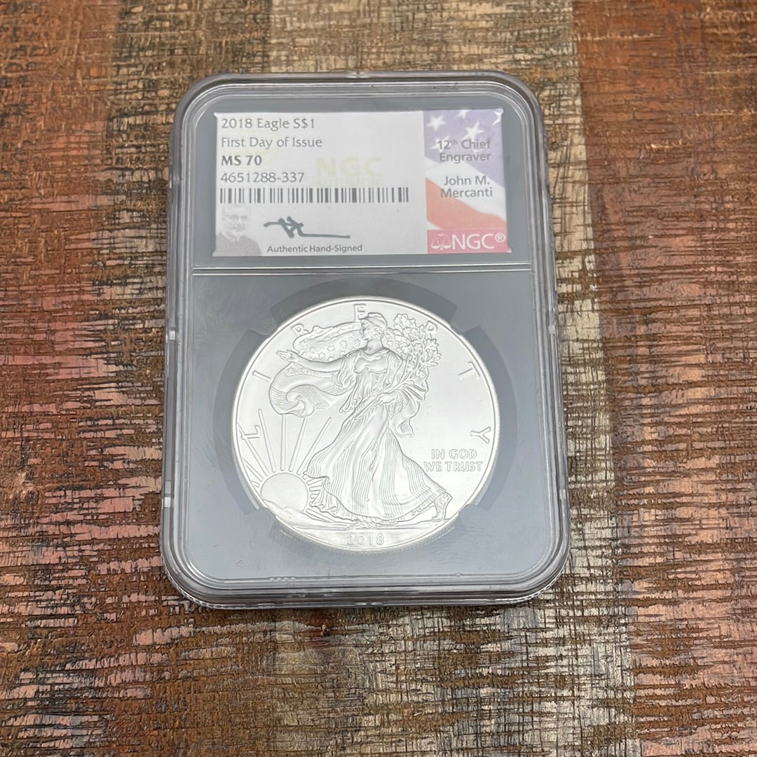 2018 $1 American Silver Eagle ~ FDOI ~ NGC MS70 ~ Mercanti Signed