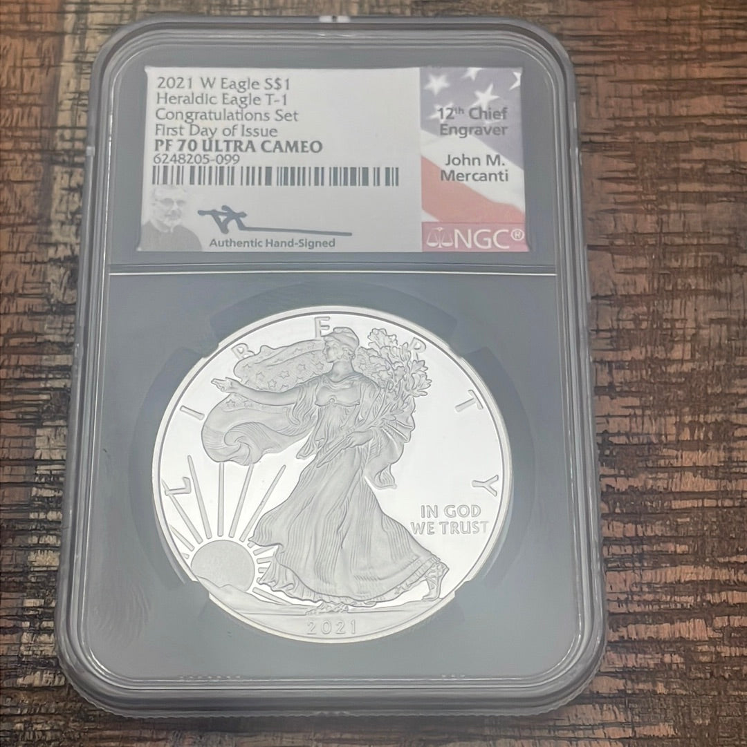 2021-W $1 US American Silver Eagle~ Heraldic Eagle T-1~ Congratulations Set~ FDOI~ NGC PF70 Ultra Cameo ~ Mercanti Signed.