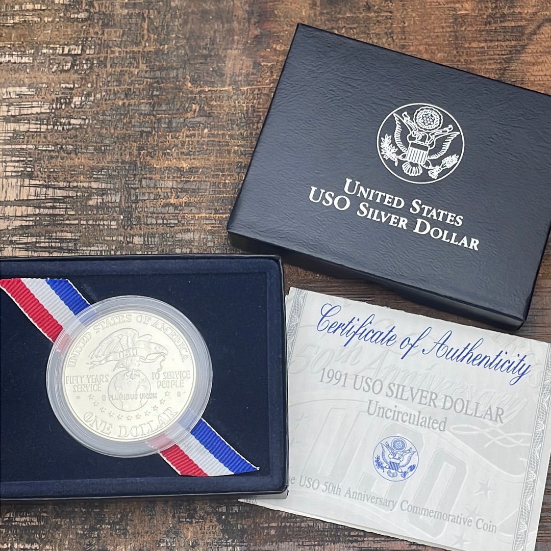 1991-D US $1 USO 50th Anniversary Silver Dollar Commemorative UNC in OGP with COA