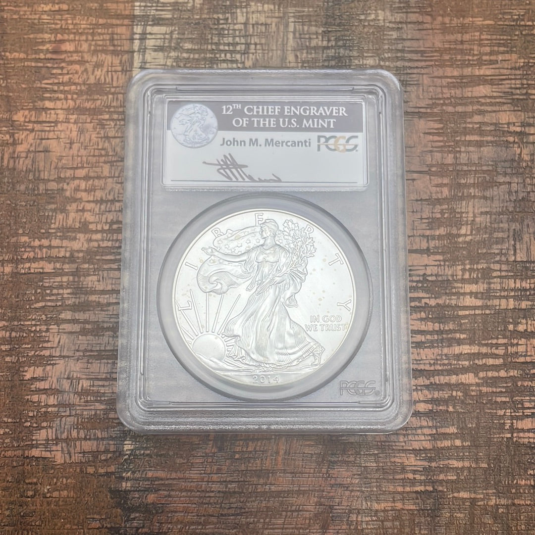 2014 $1 American Silver Eagle ~ PCGS MS70 ~ First Strike ~ Government Box #10 ~ Mercanti Signed