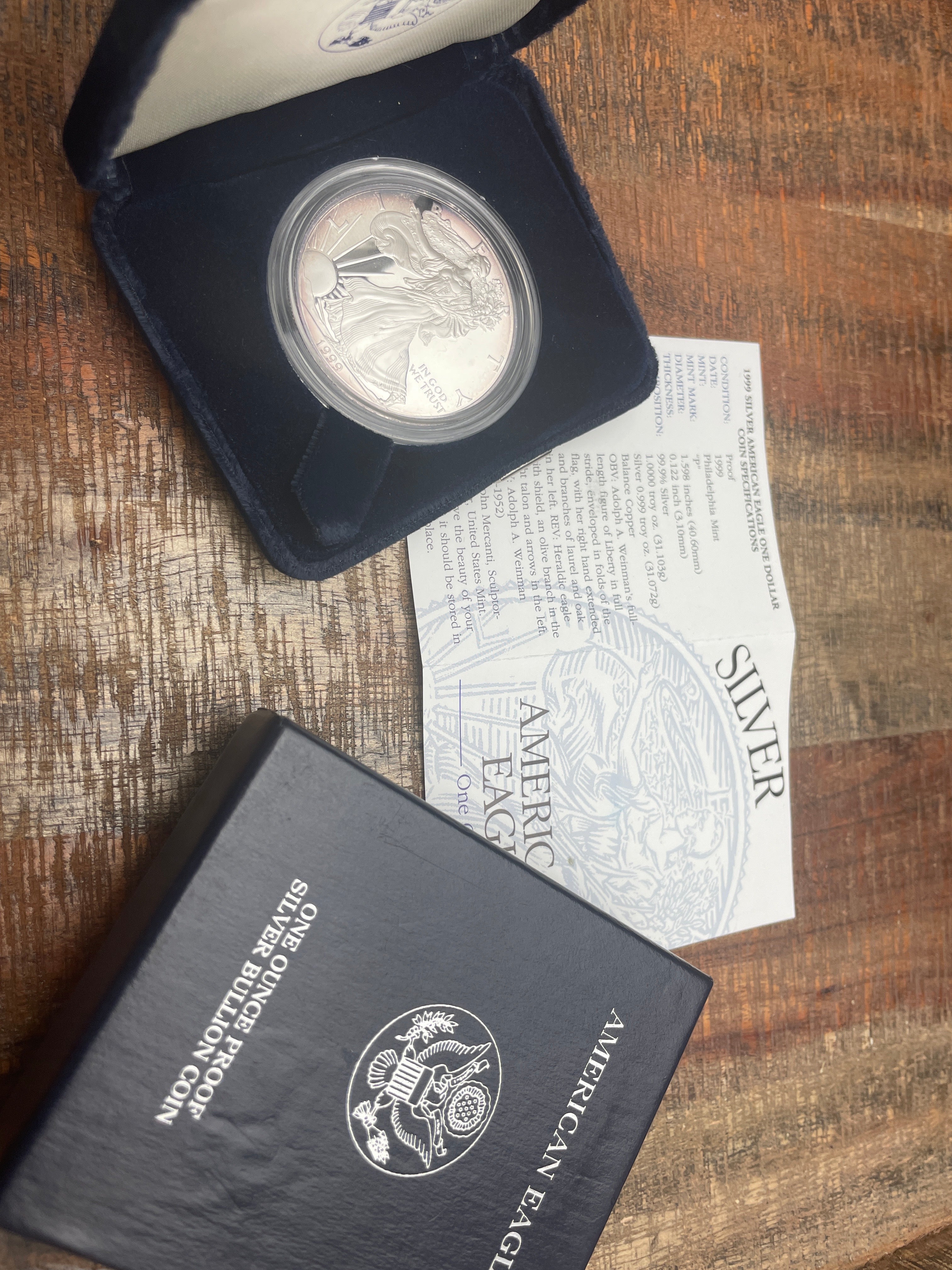 1999-P $1 US American Proof Silver Eagle Coin~Capsule, Presentation Case, COA and Box included