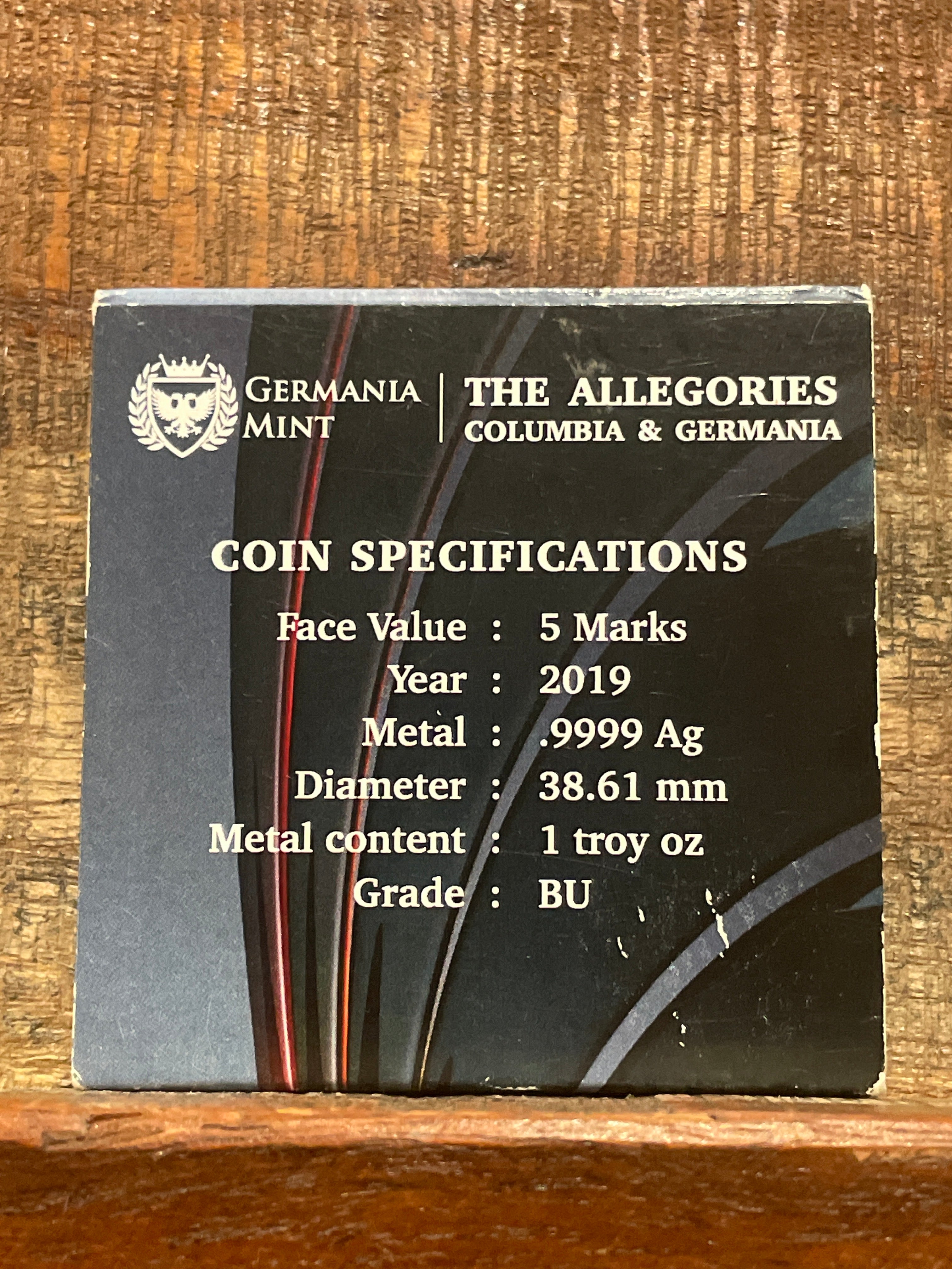 2019 Germania 5 Marks The Allegories: Columbia and Germania 1 oz .9999 Fine Silver