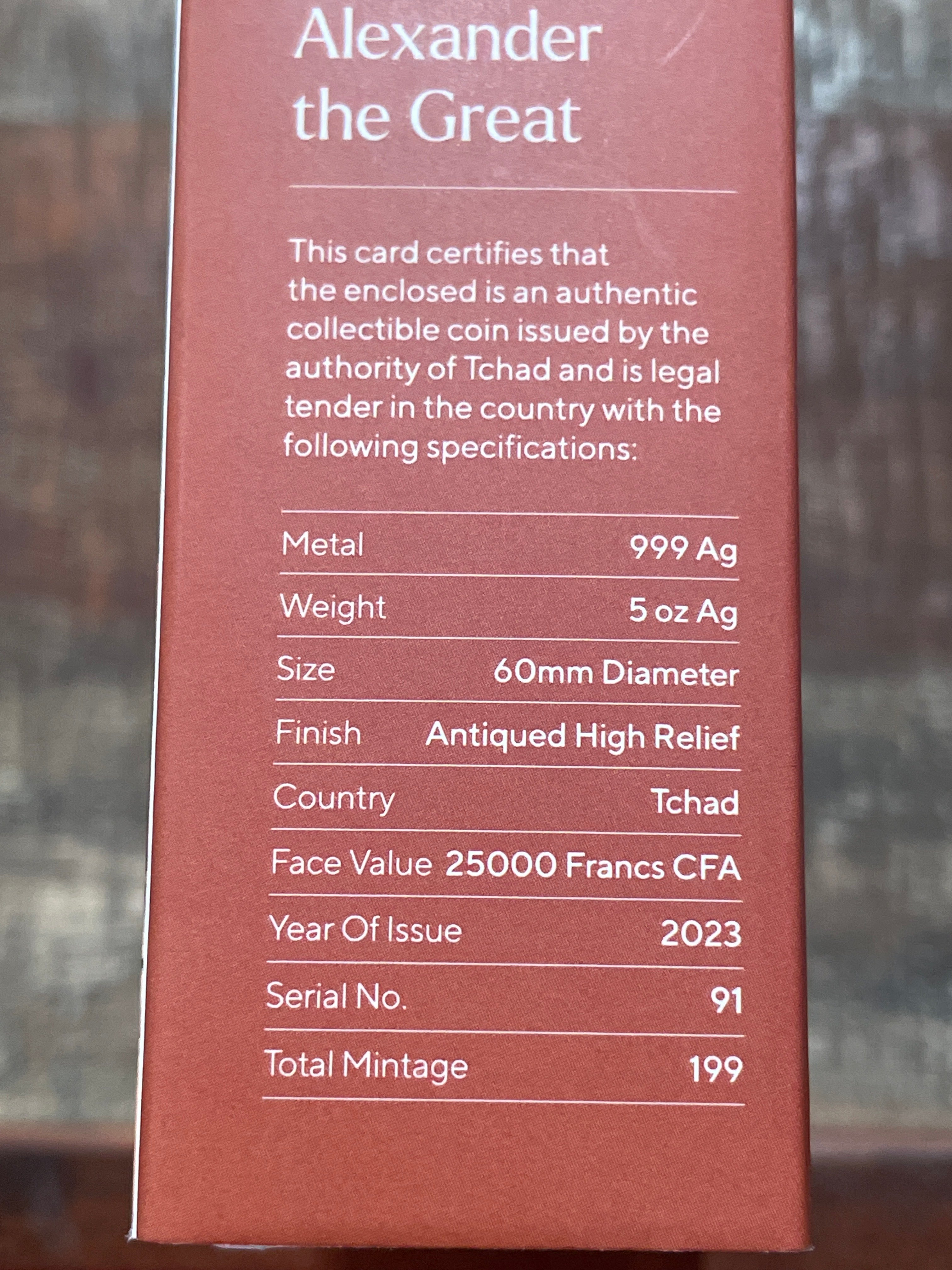 2023 T'Chad 25000 Francs CFA 5oz Silver Alexander the Great High Relief