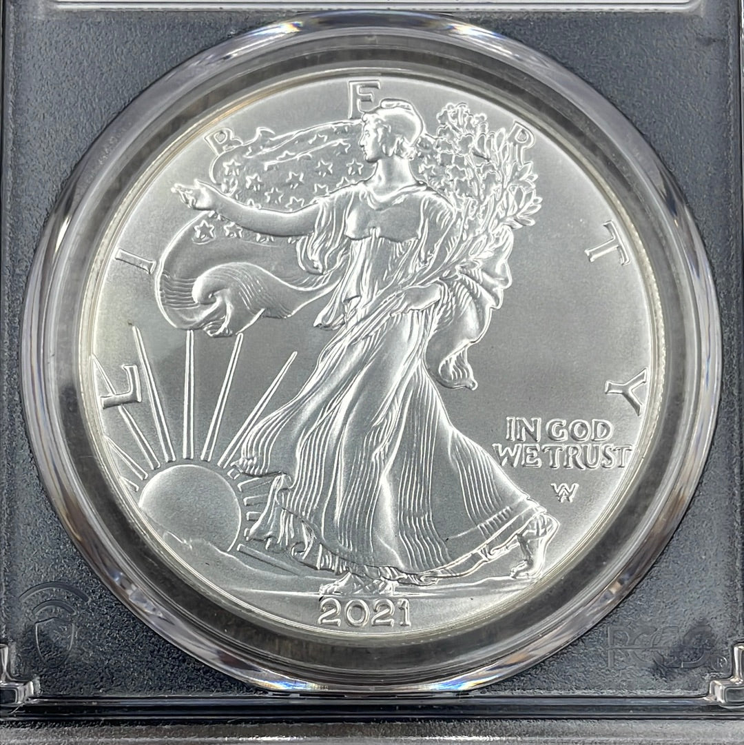 2021 $1 US American Silver Eagle, Eagle Landing T-2, FDOI, PCGS MS70, Damstra signed