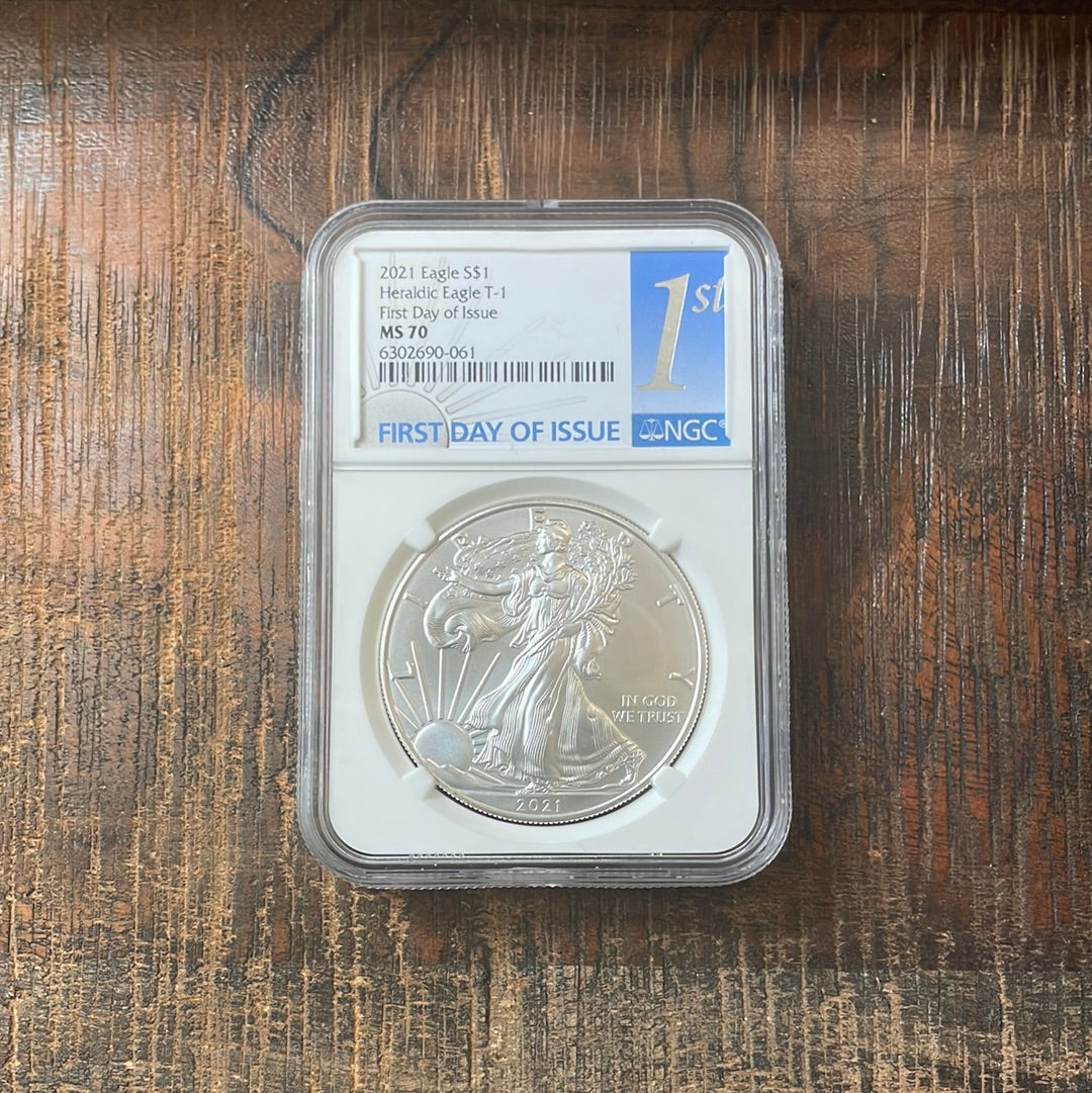 2021 $1 US American Silver Eagle, Heraldic Eagle T-1, FDOI NGC MS70