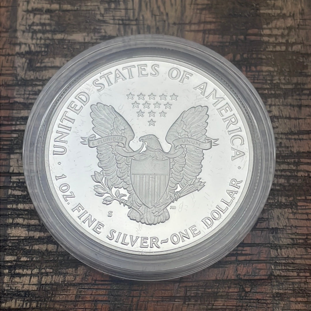 1990-S $1 US American Proof Silver Eagle Coin~Capsule, Presentation Case, COA, and Box