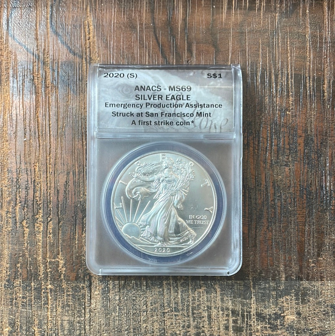 2020-S $1 US American Silver Eagle, Emergency Production, Struck at San Francisco Mint, A first strike coin, ANACS MS69